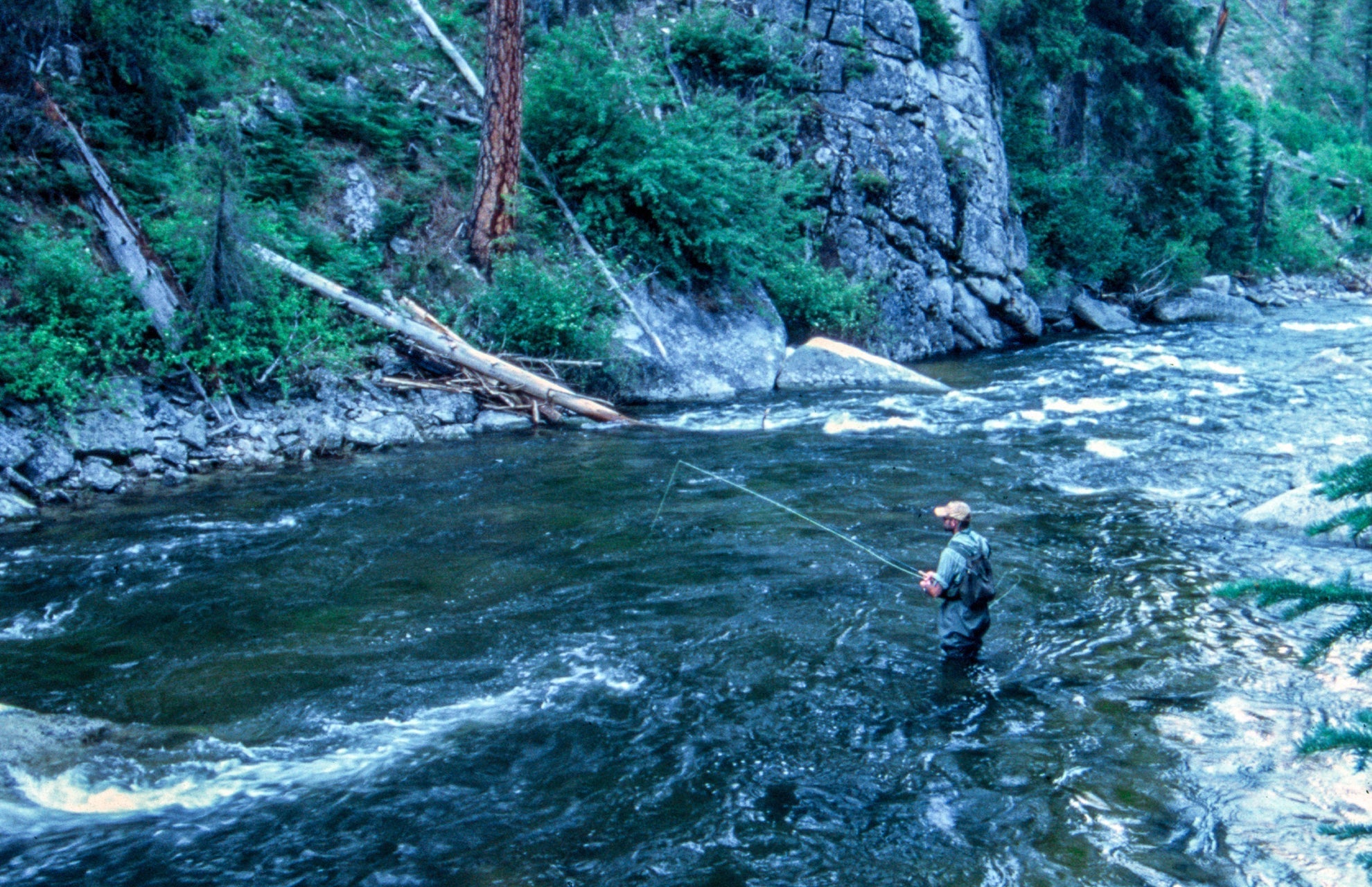 Fly fisherman casting a line with jig egg flies in a scenic river setting surrounded by trees