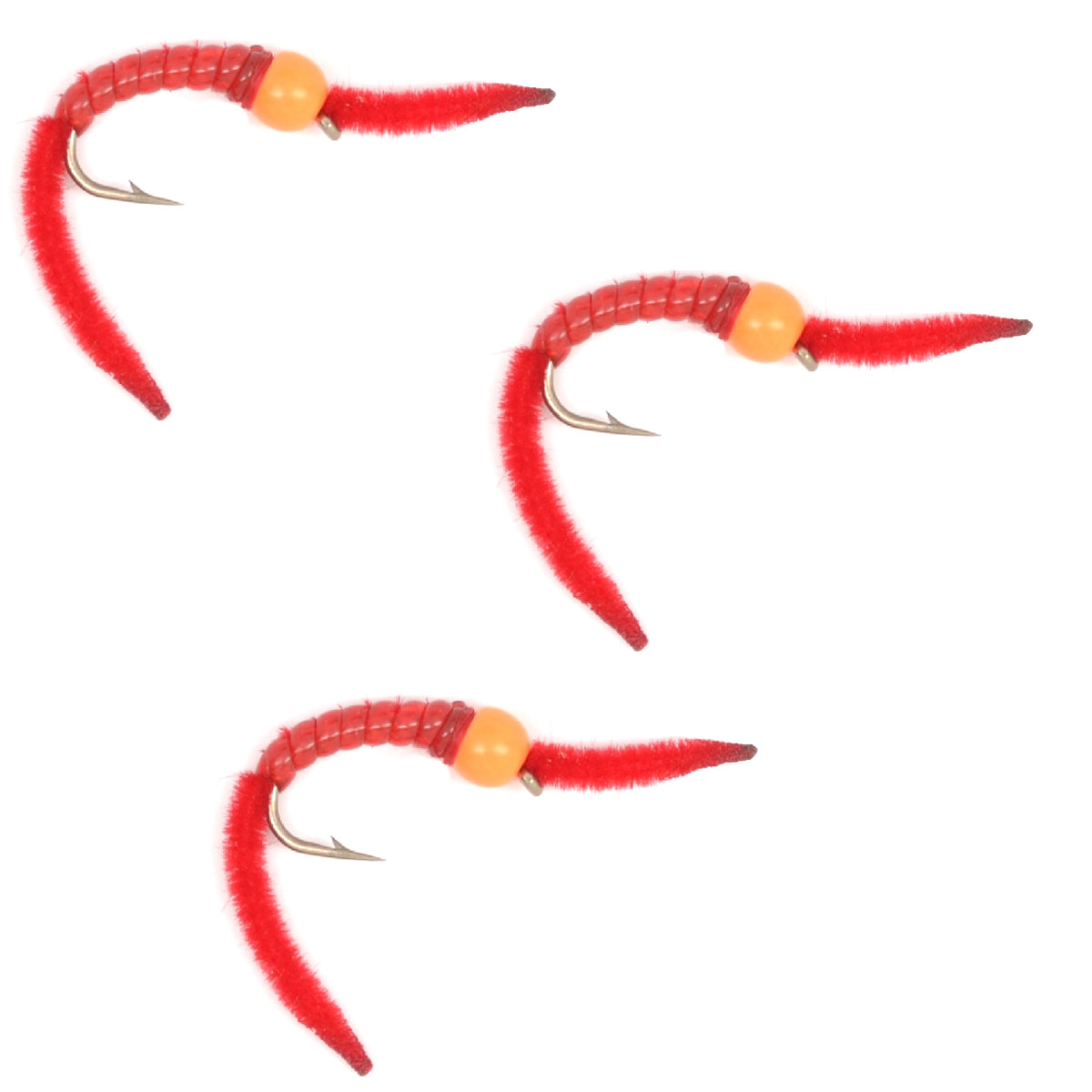 San Juan Power Worm Wet Flies in red with orange beads for effective trout fishing.