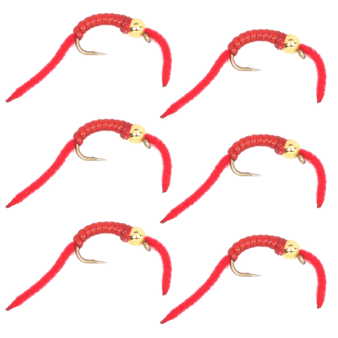 Set of 6 San Juan Worm Flies in Red with Bead Heads, Hook Size 10 for Trout Fishing
