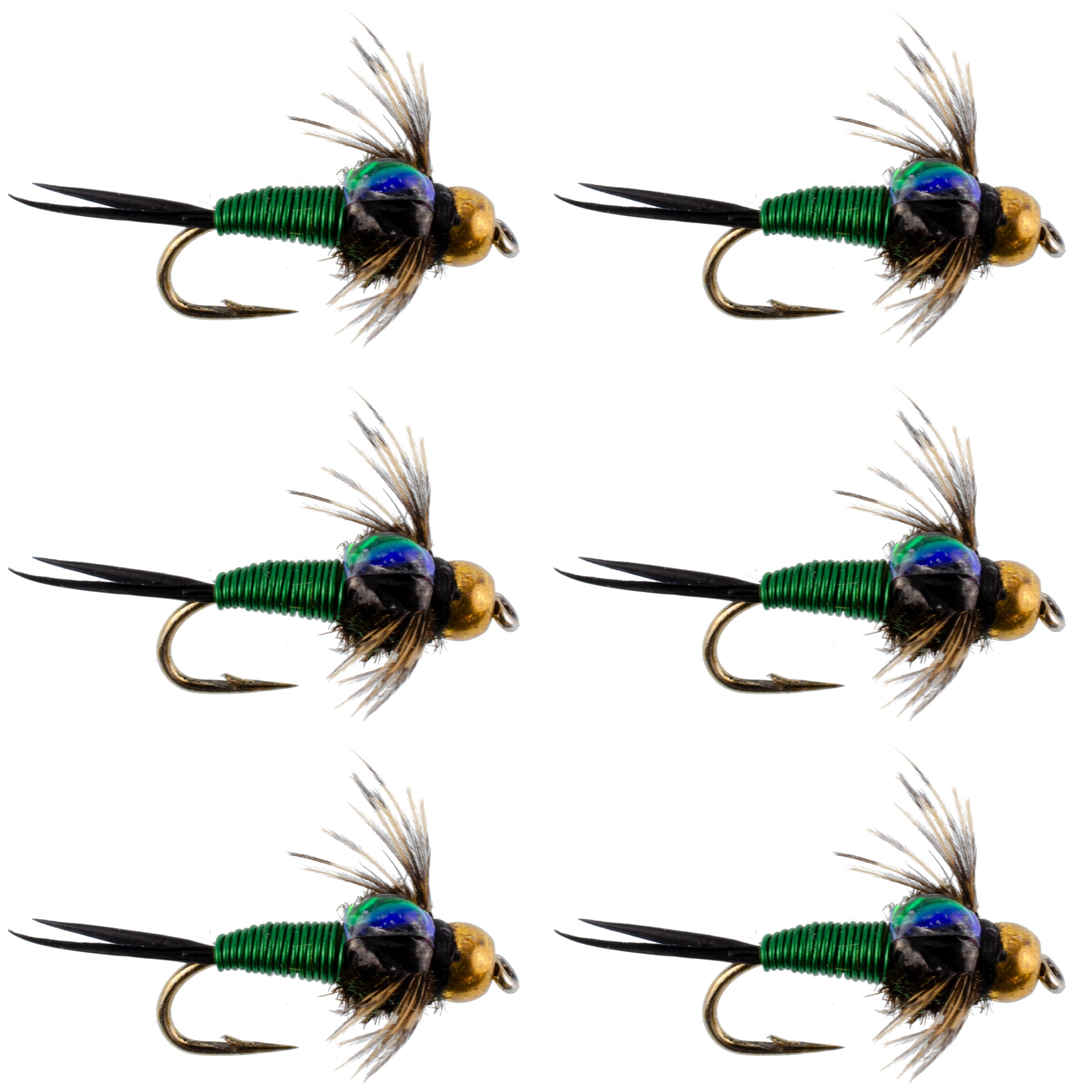 Bead Head Green Copper John Nymph Fly Fishing Flies - Set of 6 Flies Hook Size 14