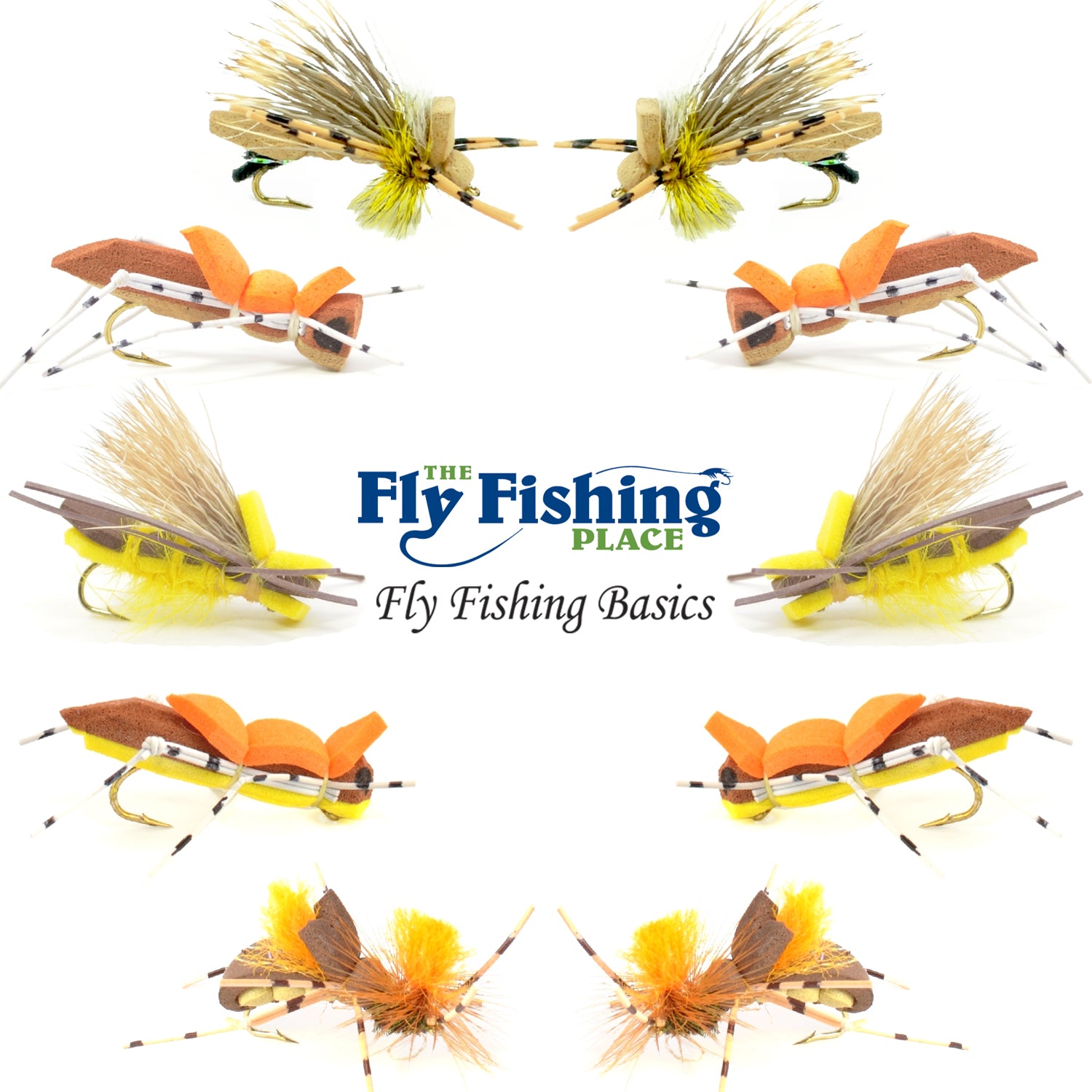 Basics Collection - Foam Hoppers Dry Fly Assortment - 10 Dry Fishing Grasshopper Flies - 5 Patterns - Hook Size 10