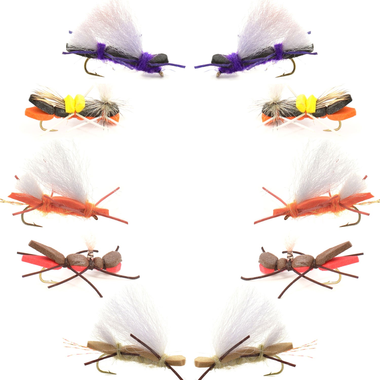 Basics Collection - Chernobyl Ant Foam Dry Fly Assortment - 10 Dry Fishing Grasshopper Flies - 5 Patterns - Hook Size 10