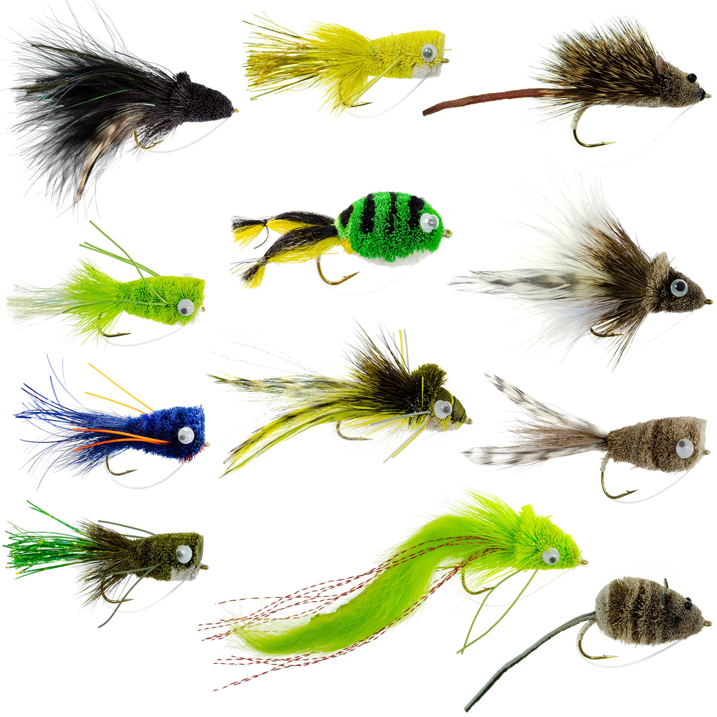 Bass Bug Collection -12 Bass Fly Fishing Flies - Surface Poppers Frog, Rat, Mouse Divers - Hook Sizes 2,4, 6 And 8
