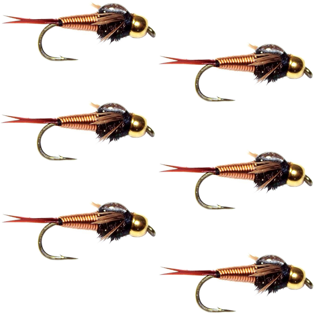 Bead Head Copper John Nymph Fly Fishing Flies - Set of 6 Flies Hook Size 16
