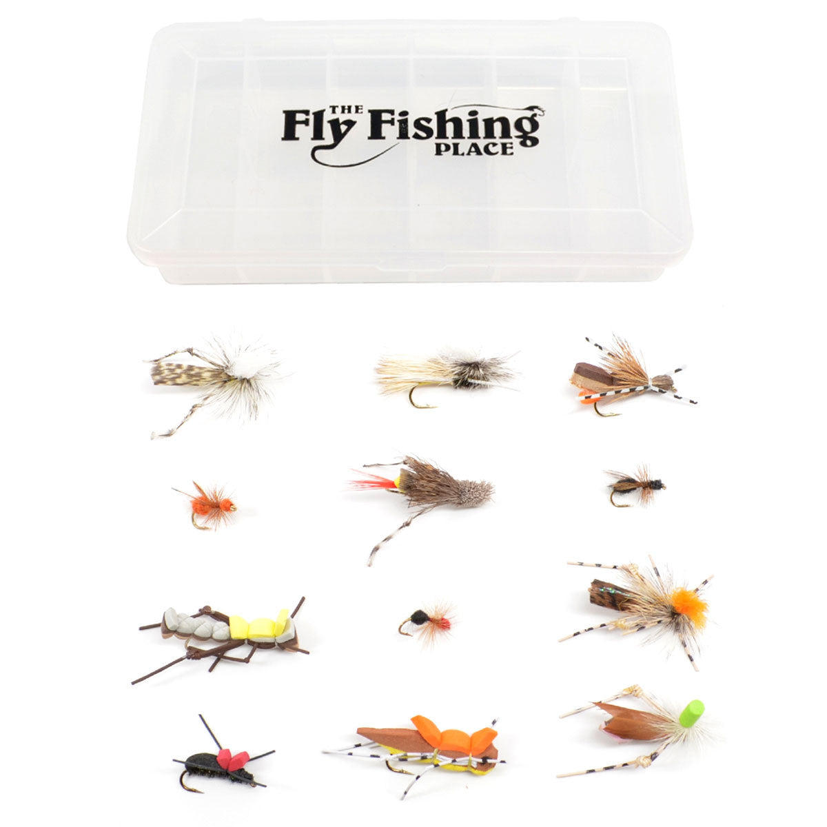 Trout Fly Assortment - Essential Terrestrials Fly Fishing Flies Collection - Includes Foam Hoppers, Ants, Beetles, and Cicadas - 1 Dozen Trout Flies with Fly Box