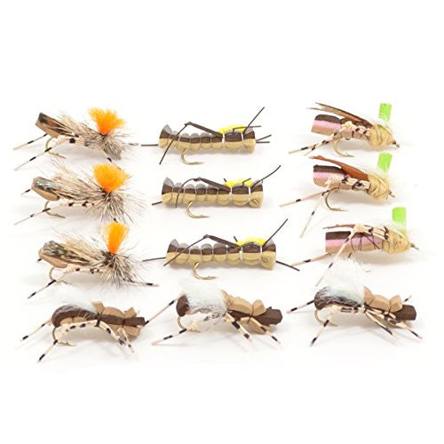Trout Fly Assortment - Foam Body High Visibility Grasshopper Dry Fly Collection - 1 Dozen Flies - Hook Size 10