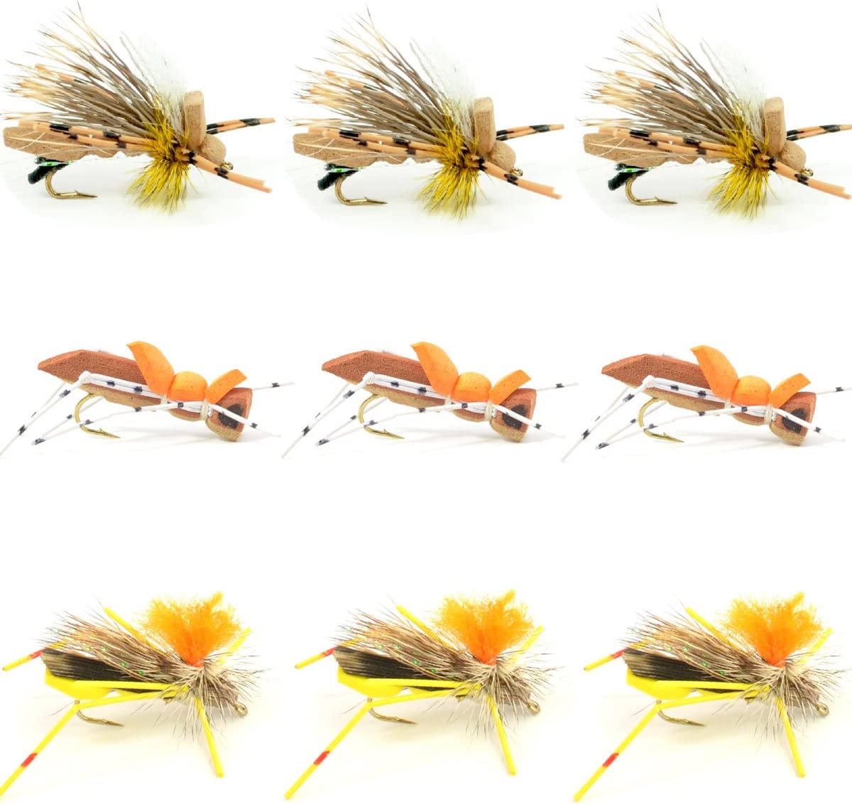Grasshopper Trout Flies Fishing Flies Assortment Dropper Hopper Foam Body - 9 Flies 3 Patterns Hook Size 10