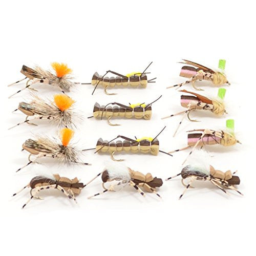 Trout Fly Assortment featuring foam body high visibility grasshopper dry flies in hook size 10 for effective fishing