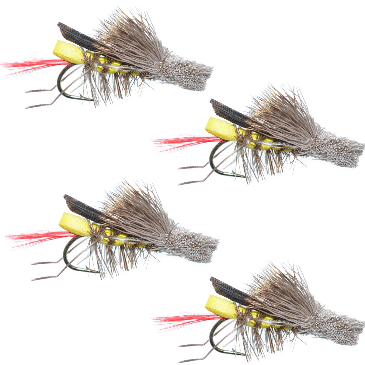 Paquete de 4 moscas de saltamontes con cuerpo de espuma amarilla Dave's Hopper, tamaño de anzuelo 10