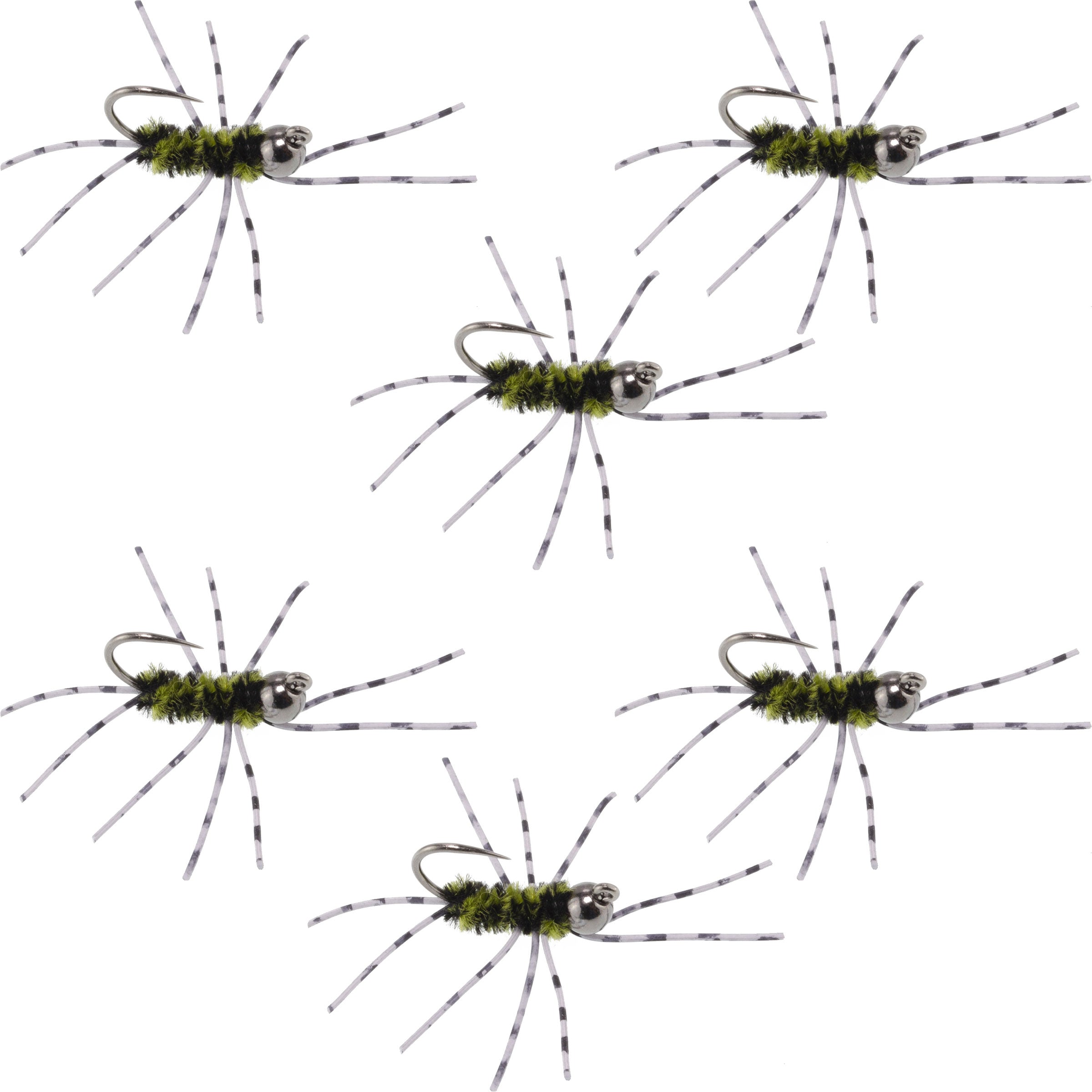 Barbless Pat's Barred Rubber Legs Tungsten Bead Jigged Black/Olive Euro Nymph  - Set of 6 Flies Hook Size 6