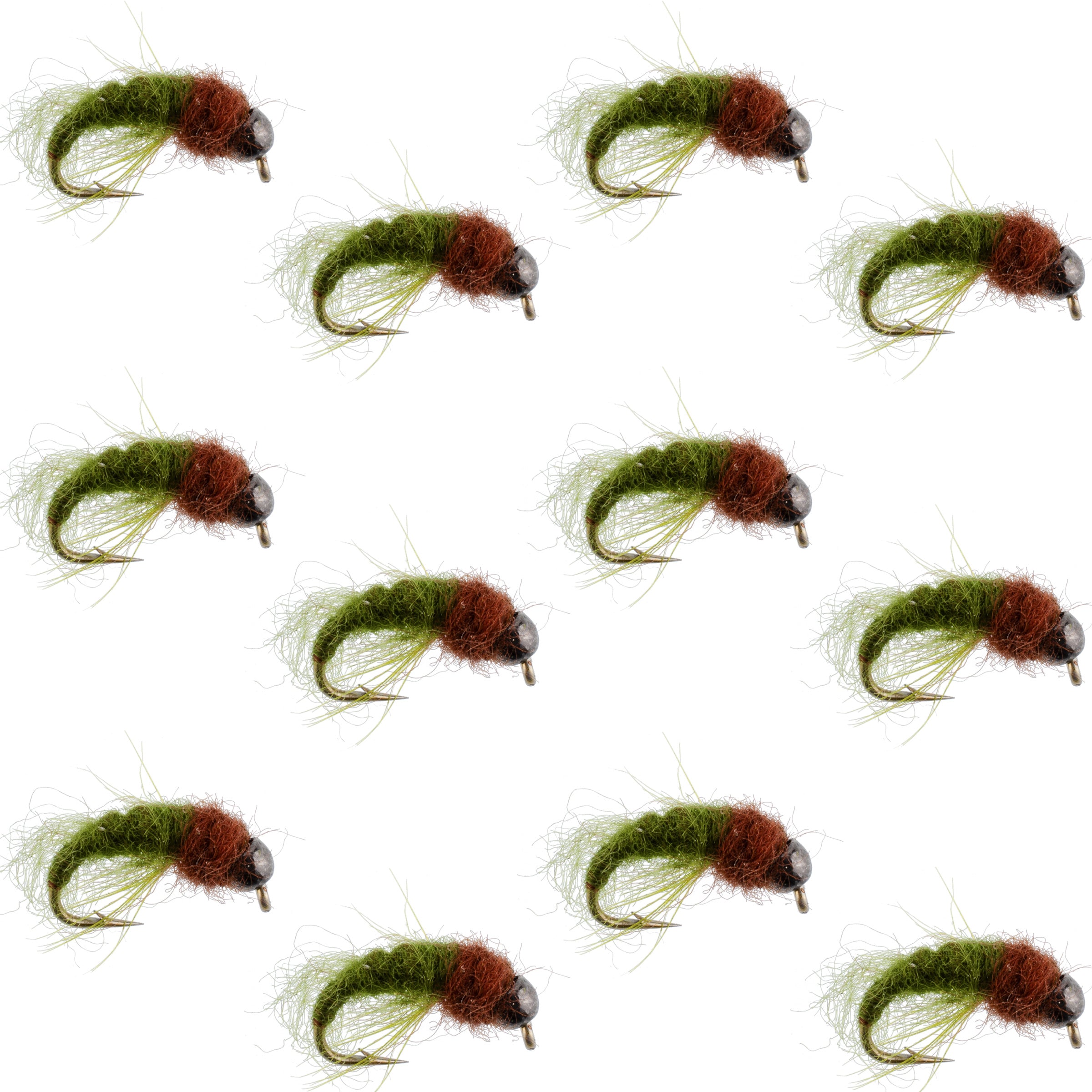 Bead Head Olive Brown Caddis Larva Nymph 12 Flies - Hook Size 14