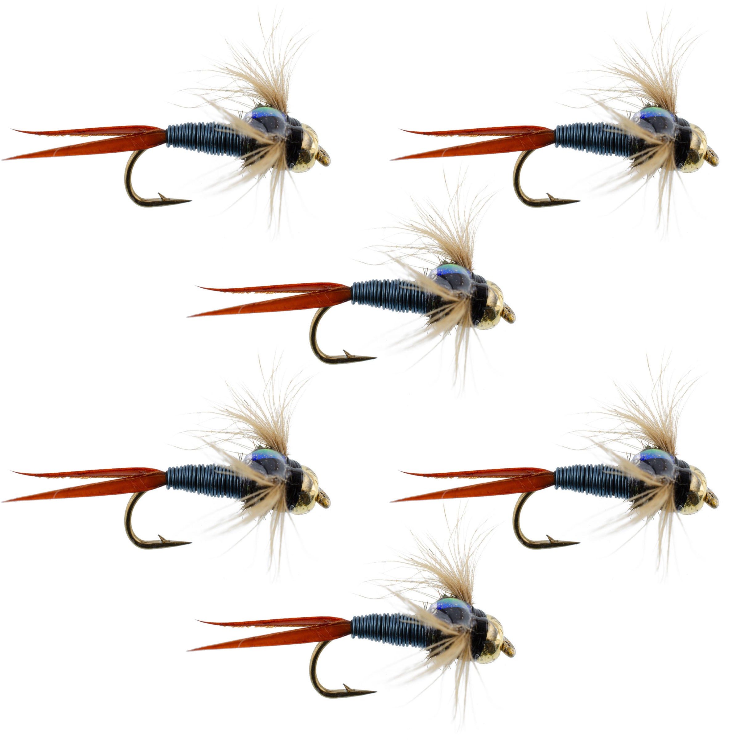 Bead Head Metallic Blue Copper John Nymph - 6 Fly Fishing Flies - Hook Size 12