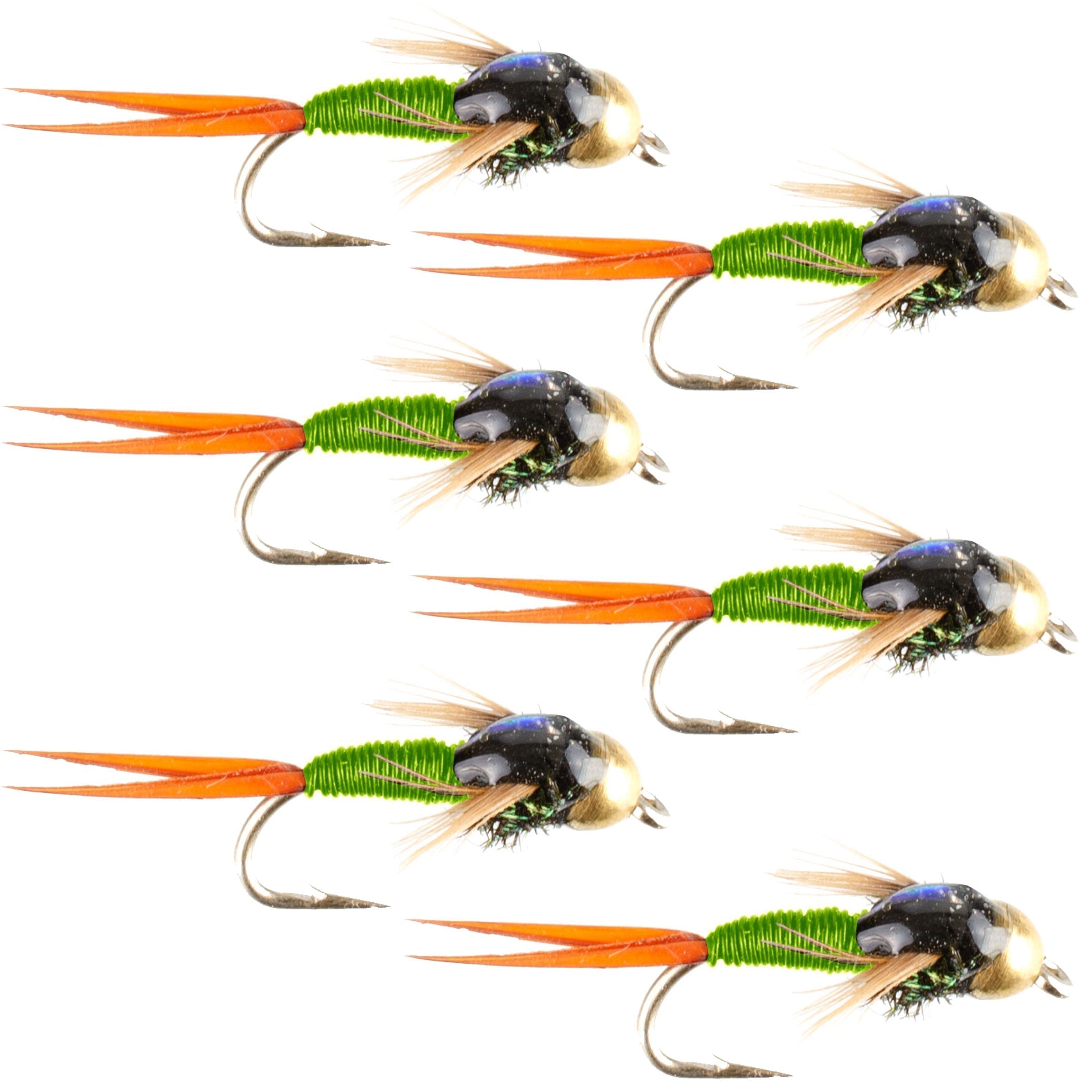 Tungsten Bead Head Chartreuse Copper John Nymph Fly Fishing Flies - Set of 6 Flies Hook Size 12