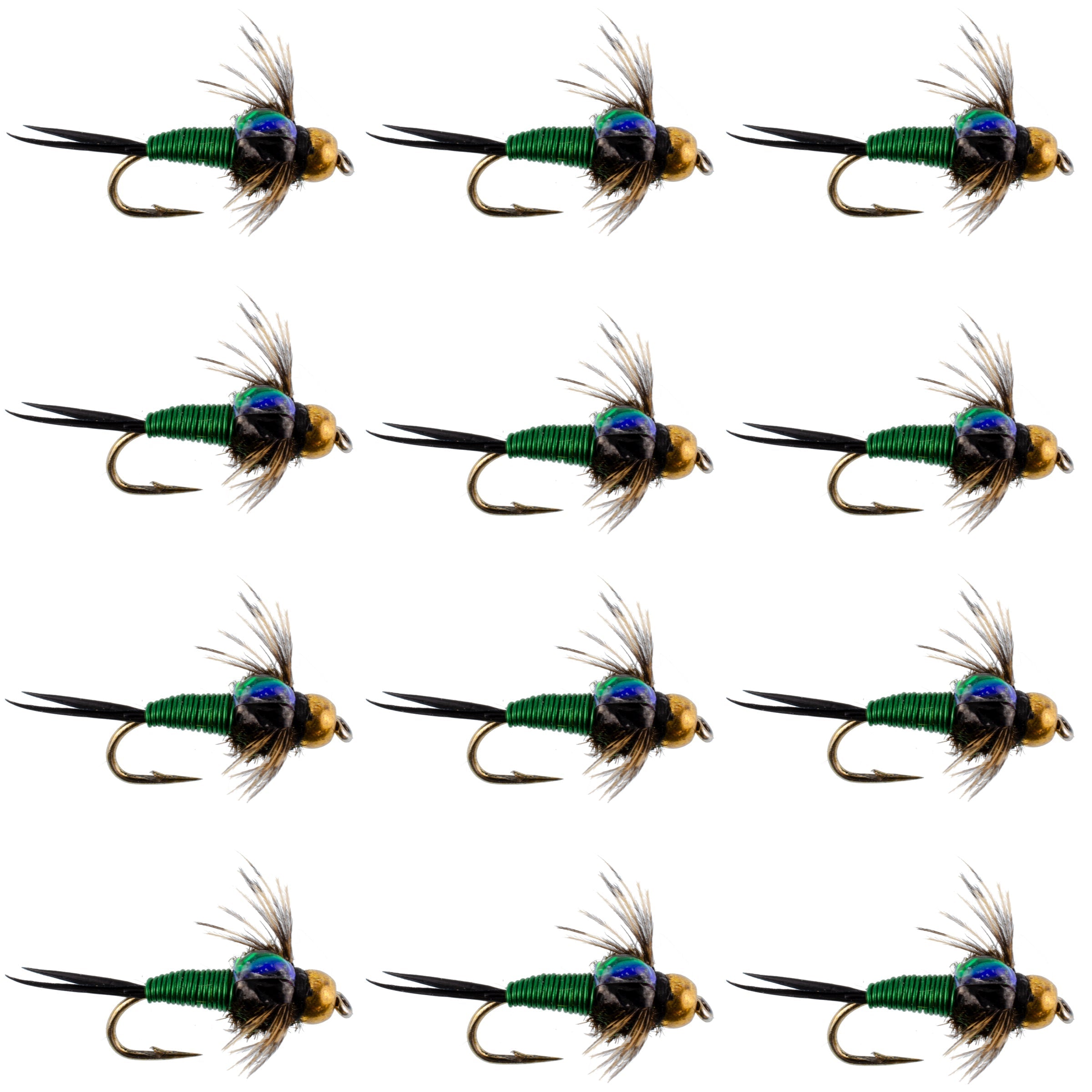 Moscas de pesca con mosca John Nymph de cobre verde con cabeza de cuentas, 1 docena de ganchos para moscas, tamaño 16