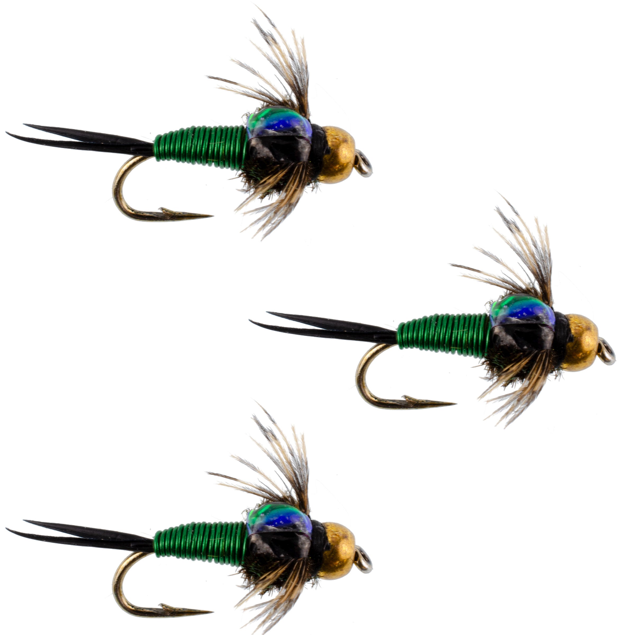 Paquete de 3 moscas de pesca con mosca John Nymph de cobre verde con cabeza de cuentas, tamaño de anzuelo 18