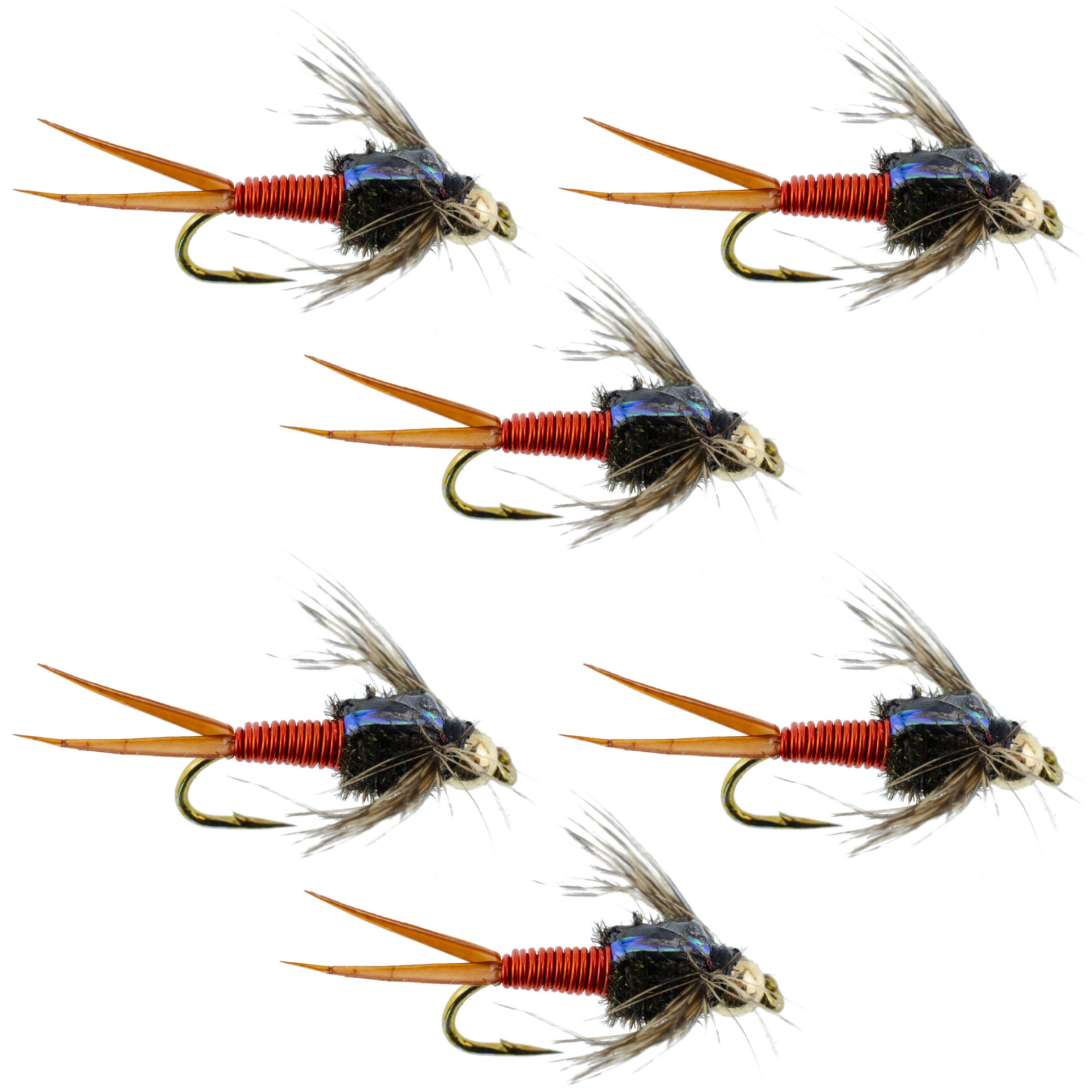 Bead Head Hot Orange Copper John Nymph - 6 Fly Fishing Flies - Hook Size 12