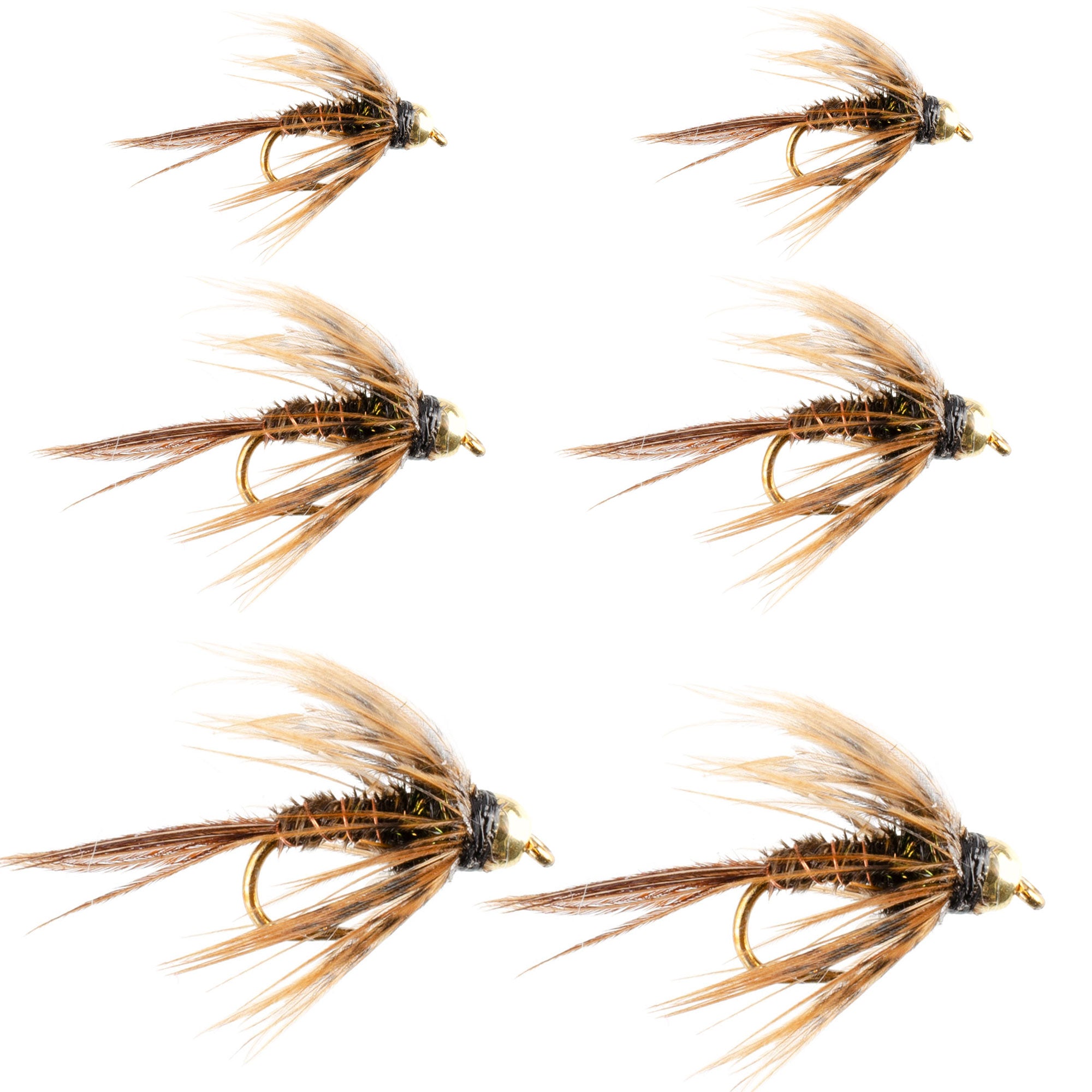 Moscas de pesca con mosca de ninfa, cabeza de cuentas de Hackle suave, cola de faisán, 6 anzuelos, tamaño 12