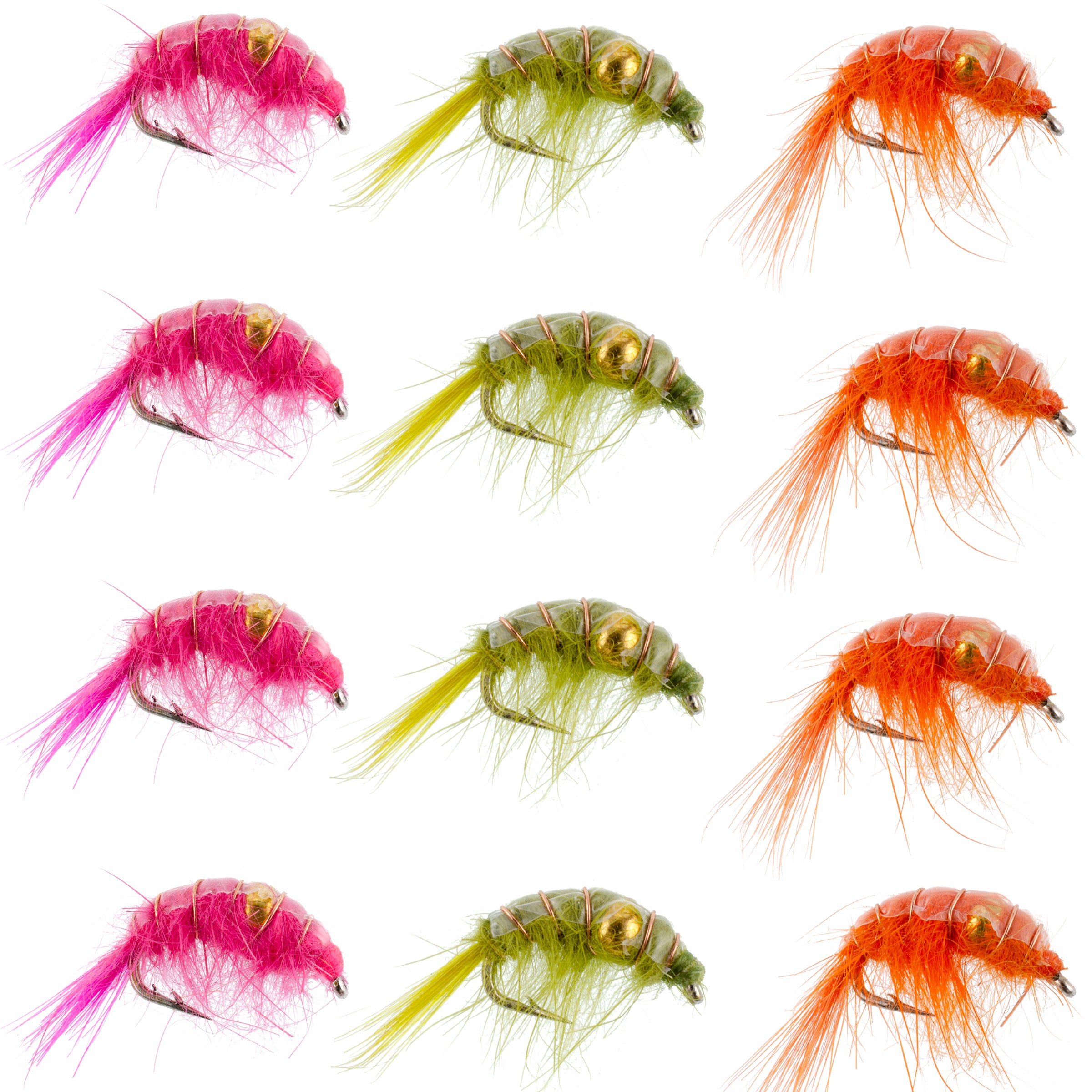 Beaded Shrimp Scud Assortment - 1 Dozen - 4 Each of 3 Patterns Size 12 - Tailwater Lake Fly Fishing Flies Collection