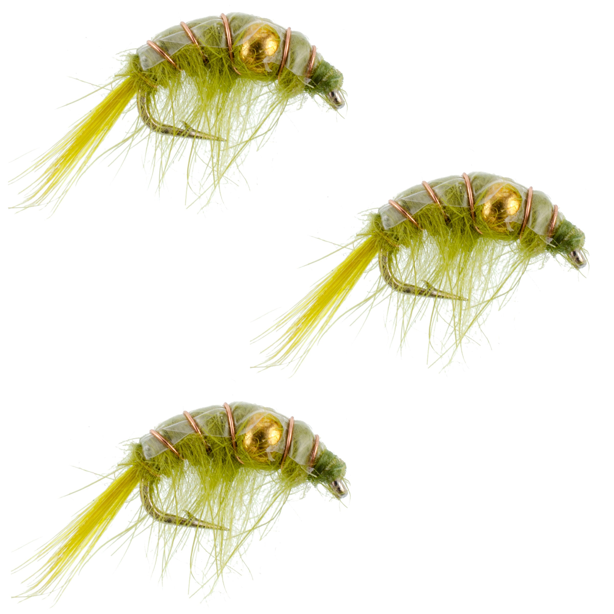 Paquete de 3 patrones de scud de camarón con cuentas de oliva, tamaño 12, moscas ninfa para pesca con mosca en el lago Tailwater