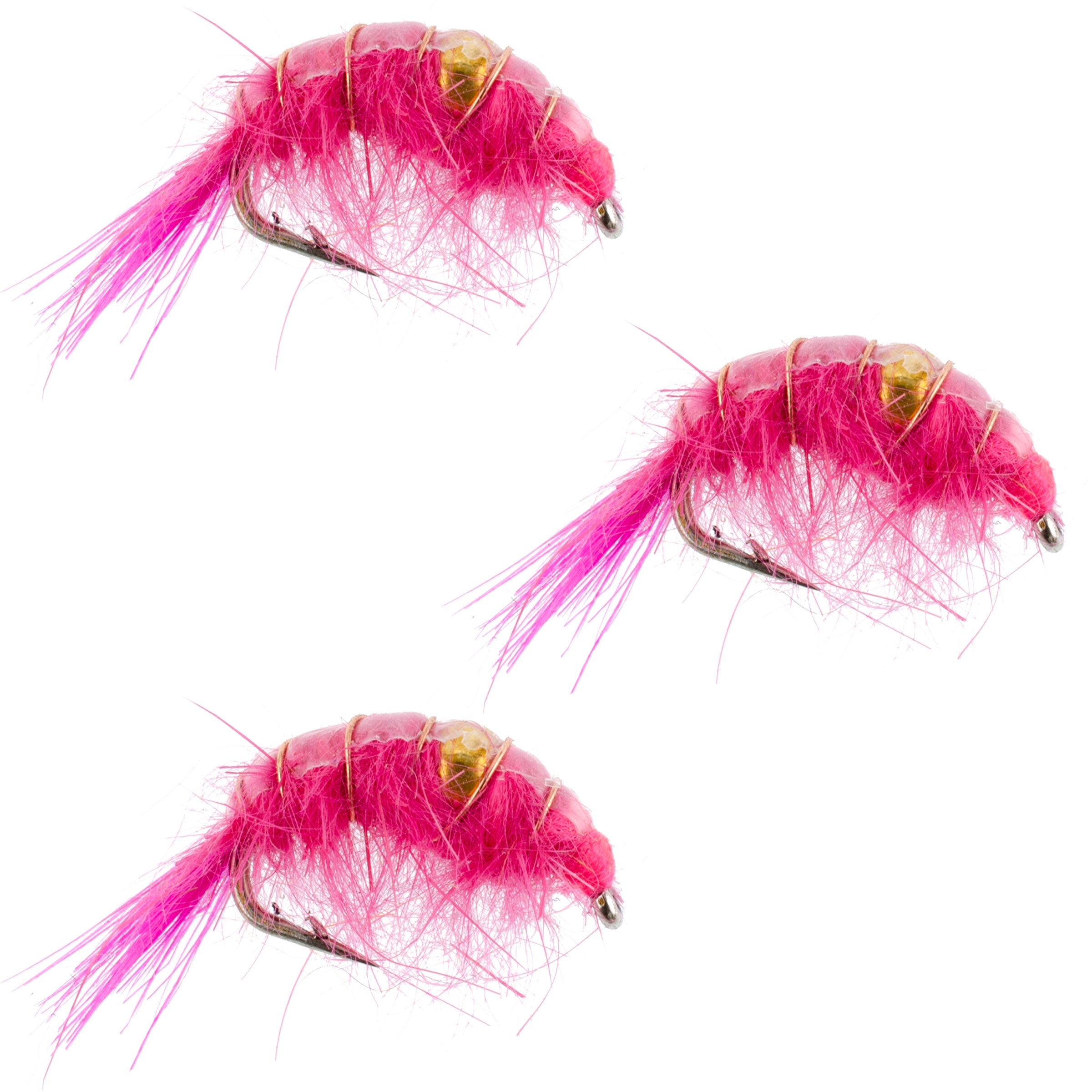 Paquete de 3 patrones de scud de camarón con cuentas rosas, tamaño 12, moscas ninfa para pesca con mosca en el lago Tailwater