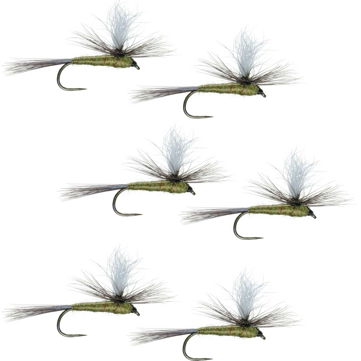Moscas para pesca con mosca seca para trucha clásica BWO, paracaídas sin rebaba, con alas azules, color oliva, juego de 6 moscas, tamaño 18