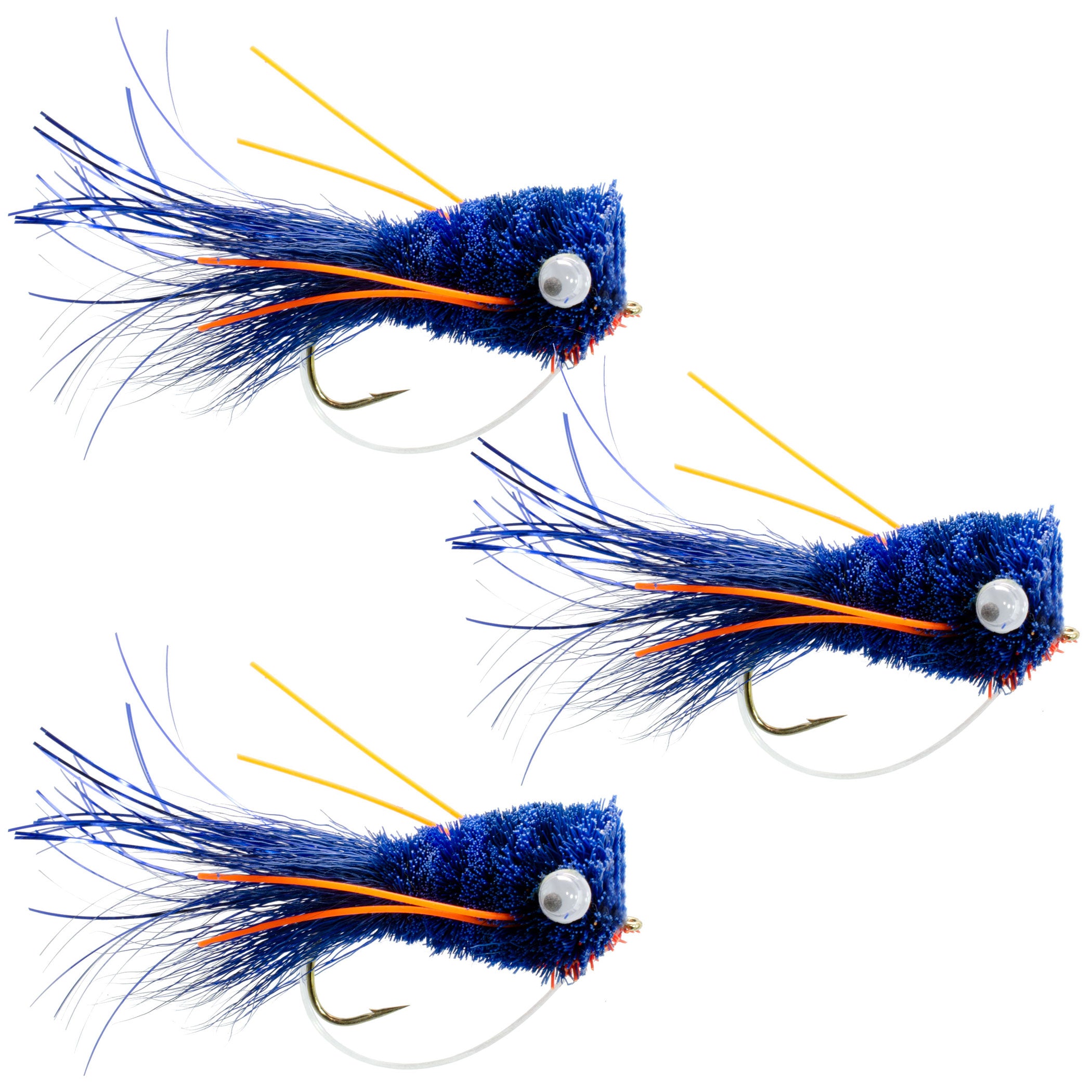 Paquete de 3 Flashtail Bass Popper tamaño 6-azul naranja Bass pesca con mosca Bug Wide Gape Bass ganchos con protector de malezas