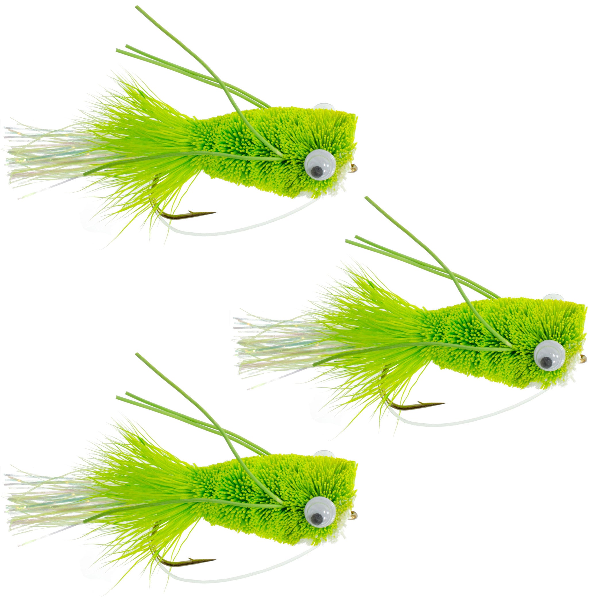 3 Pack Flashtail Bass Popper Size 6 - Chartreuse Bass Fly Fishing Bug Wide Gape Bass Hooks With Weed Guard