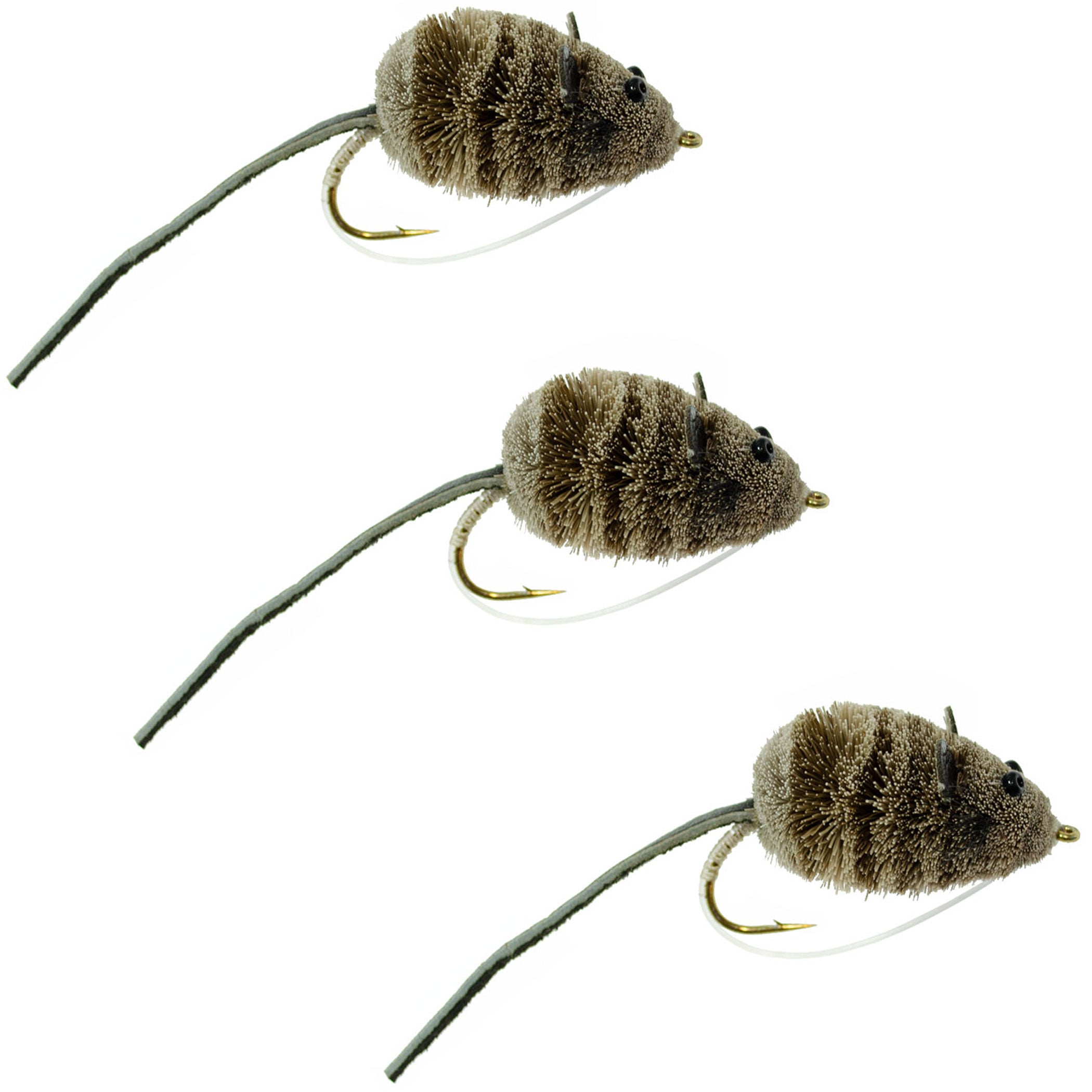 Paquete de 3 insectos de pelo de ciervo Mighty Mouse, tamaño 4, anzuelos anchos para pesca con mosca, con protector contra malas hierbas