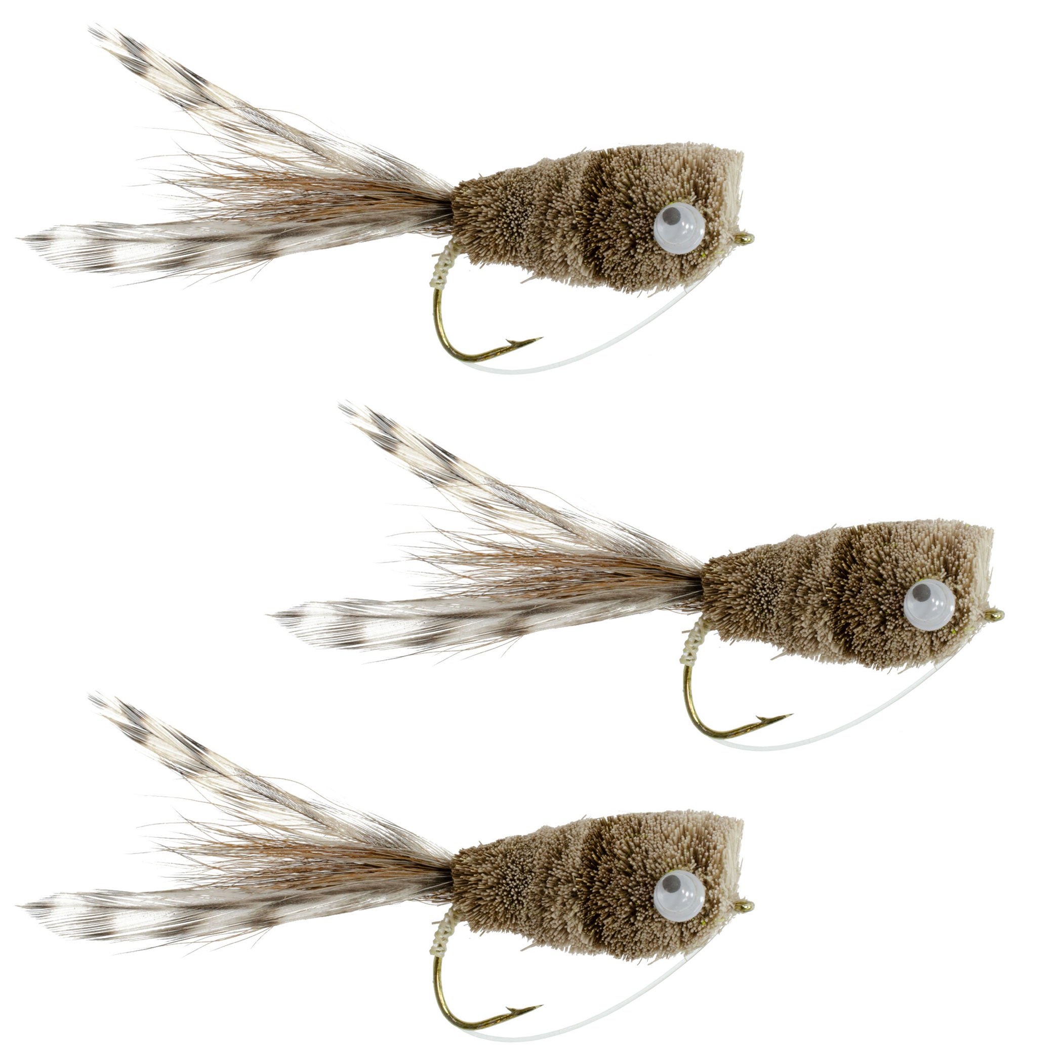 3 Pack Natural Deer Hair and Grizzly Bass Popper Size 8 Bass Fly Fishing Bug Wide Gape Bass Hooks With Weed Guard