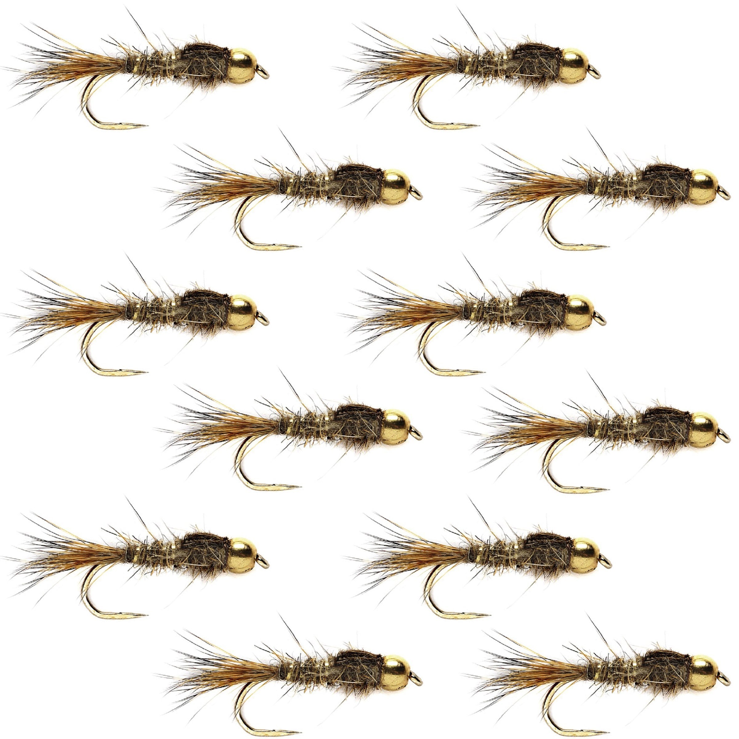 Barbless Bead Head Gold Ribbed Hare's Ear Nymph 1 Dozen Flies Hook Size 14
