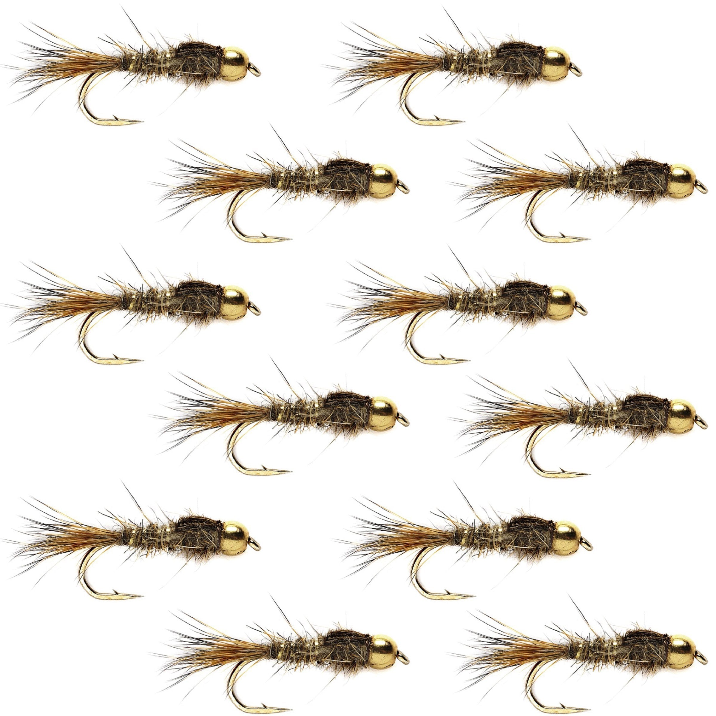 Tungsten Bead Head Gold Ribbed Hares Ear Nymph 1 Dozen Flies - Size 12