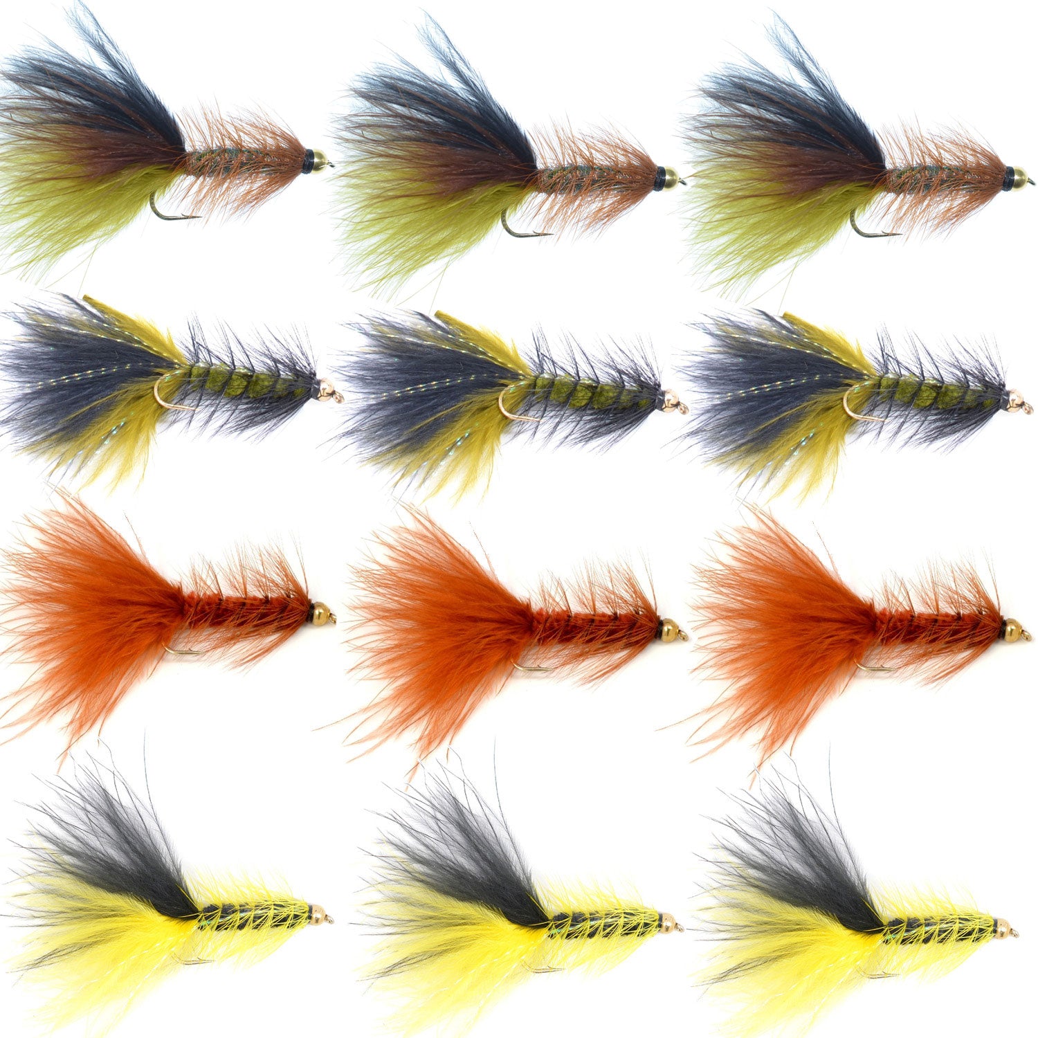Bead Head Crystal Woolly Bugger Streamer Flies - Set of 12 Bass and Trout Flies - Hook Size 4