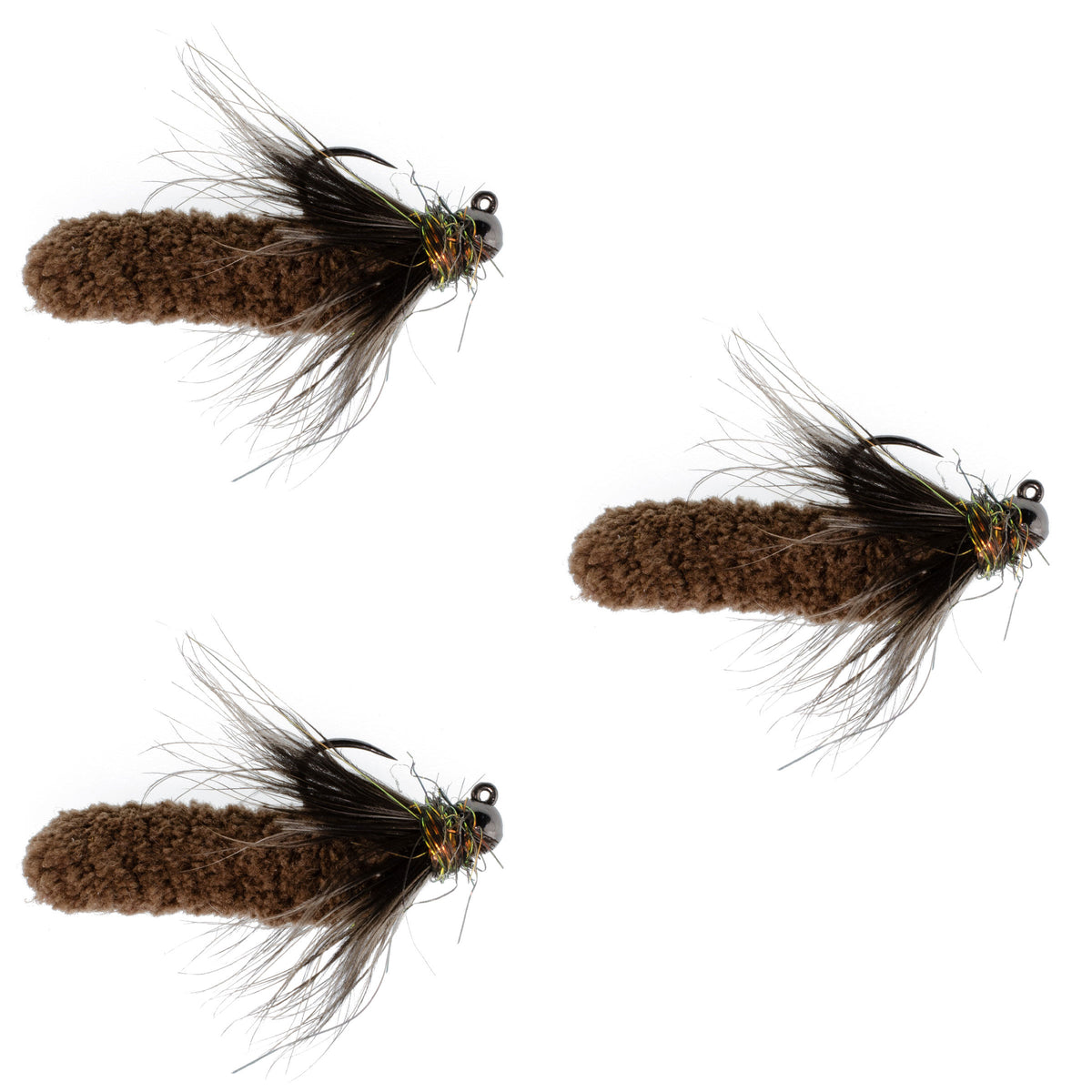 3 Pack Tungsten Bead Chocolate Mop Fly Tactical Jig Euro Nymph - Size 14