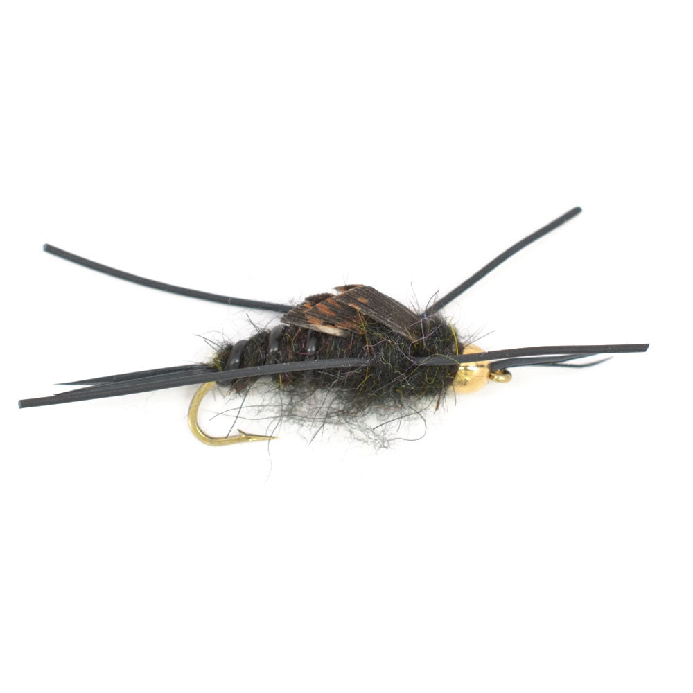 Paquete de 3 moscas de piedra negra de Kaufmann con cuentas doradas y patas de goma, mosca húmeda Stonefly, tamaño de anzuelo 10