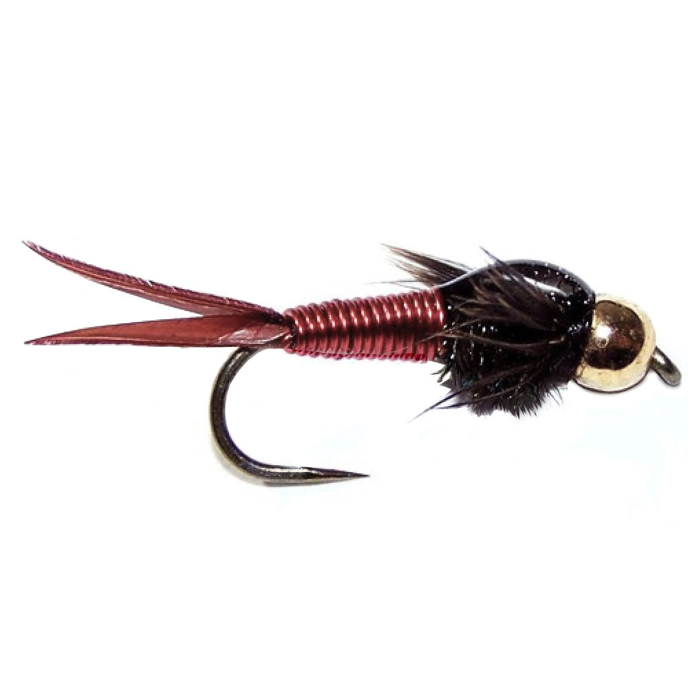 Paquete de 3 moscas de pesca con mosca John Nymph de cobre rojo con cabeza de cuentas sin púas, tamaño de anzuelo 12