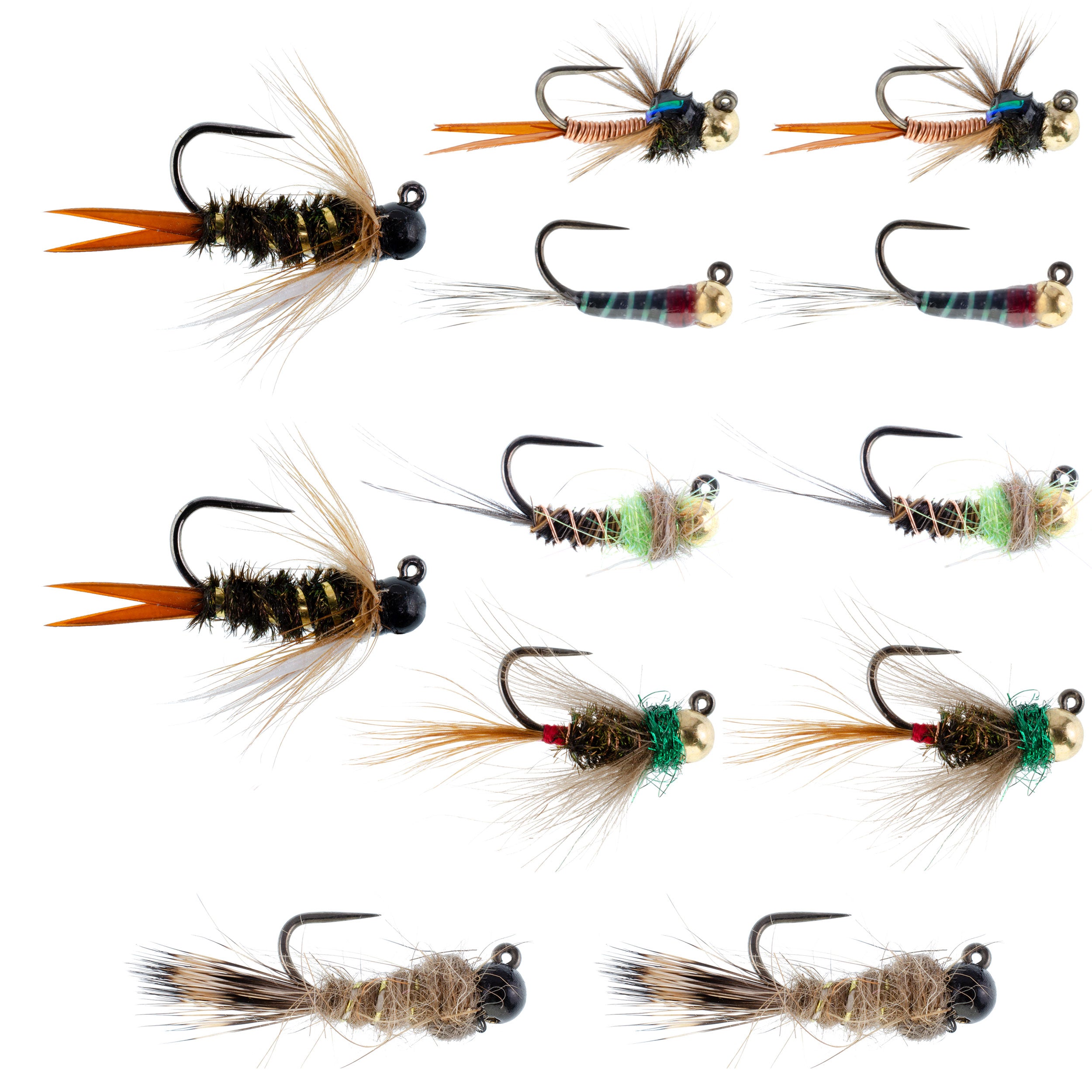 Colección táctica de moscas para pesca con mosca de ninfa checa, una docena de cuentas de tungsteno, surtido de moscas para ninfa europea, 2 de cada uno de 6 patrones, tamaños de anzuelo 12, 14 y 16 