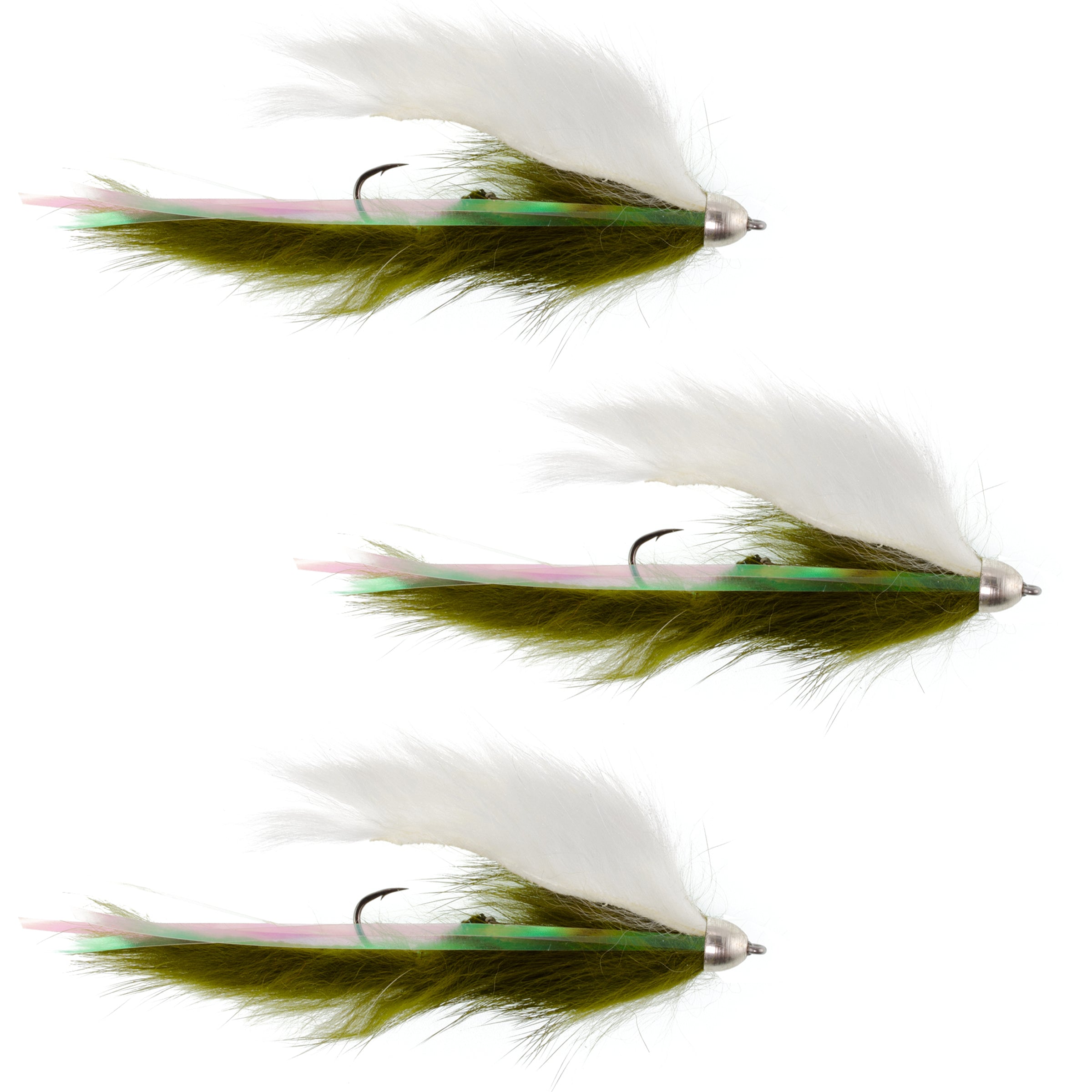 Dolly Llama Stinger Streamer Flies - 3 Olive and White Steelhead Trout Alaska Fly Fishing Flies - Hook Size 4