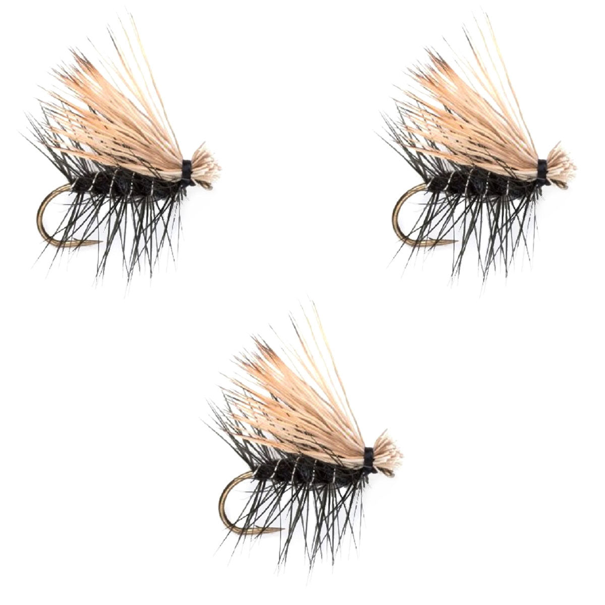 Paquete de 3 moscas secas para trucha Caddis Classic de pelo de alce negro, tamaño 18