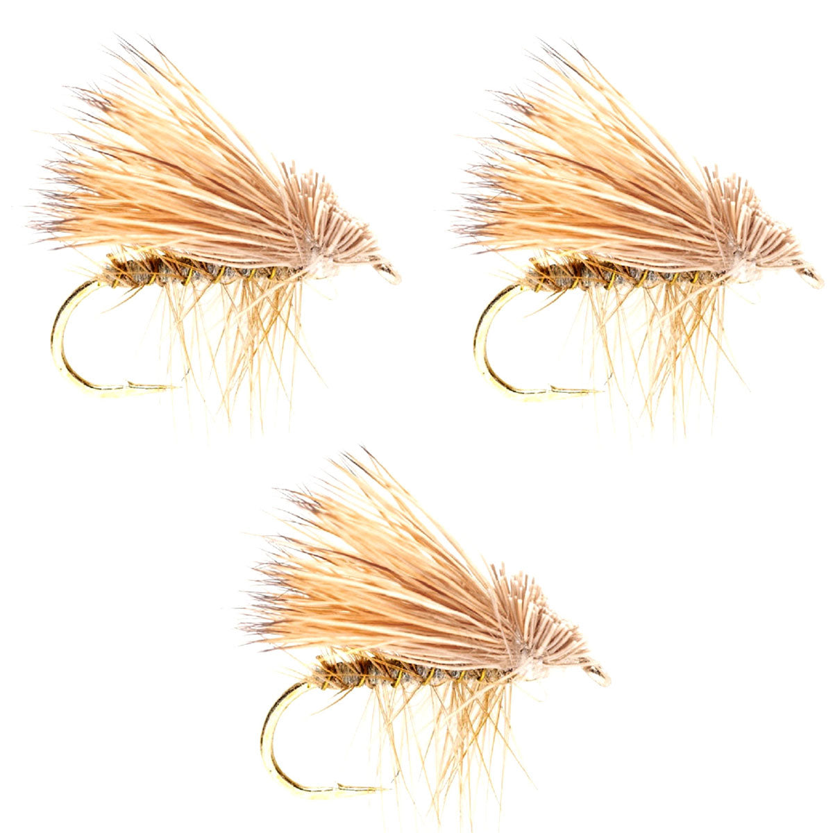 Paquete de 3 moscas secas para trucha Caddis Classic de pelo de alce amarillo, tamaño 12