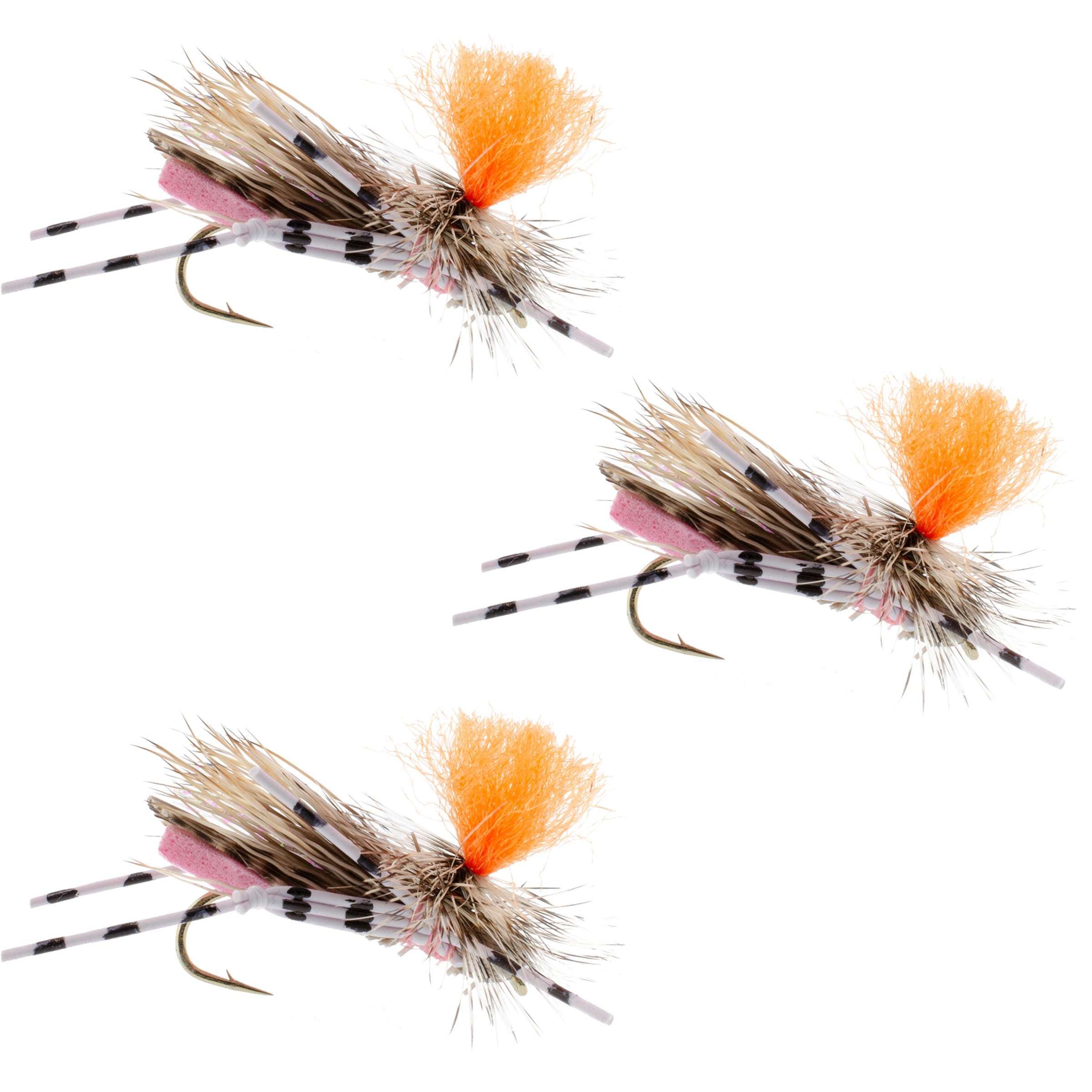 Paquete de 3 Feth Hopper Pink - Patrón de mosca de saltamontes de espuma - Tamaño del anzuelo 10
