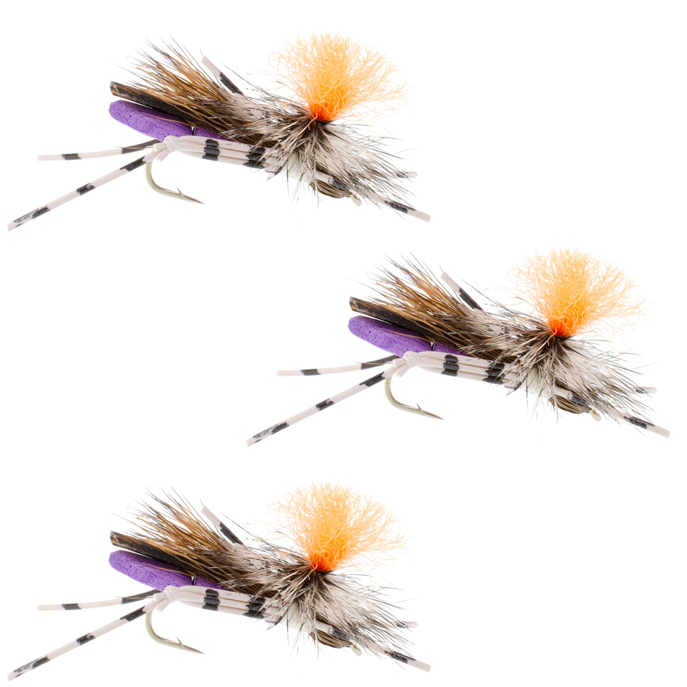 Paquete de 3 Feth Hopper Purple - Patrón de mosca de saltamontes de espuma - Tamaño del anzuelo 10