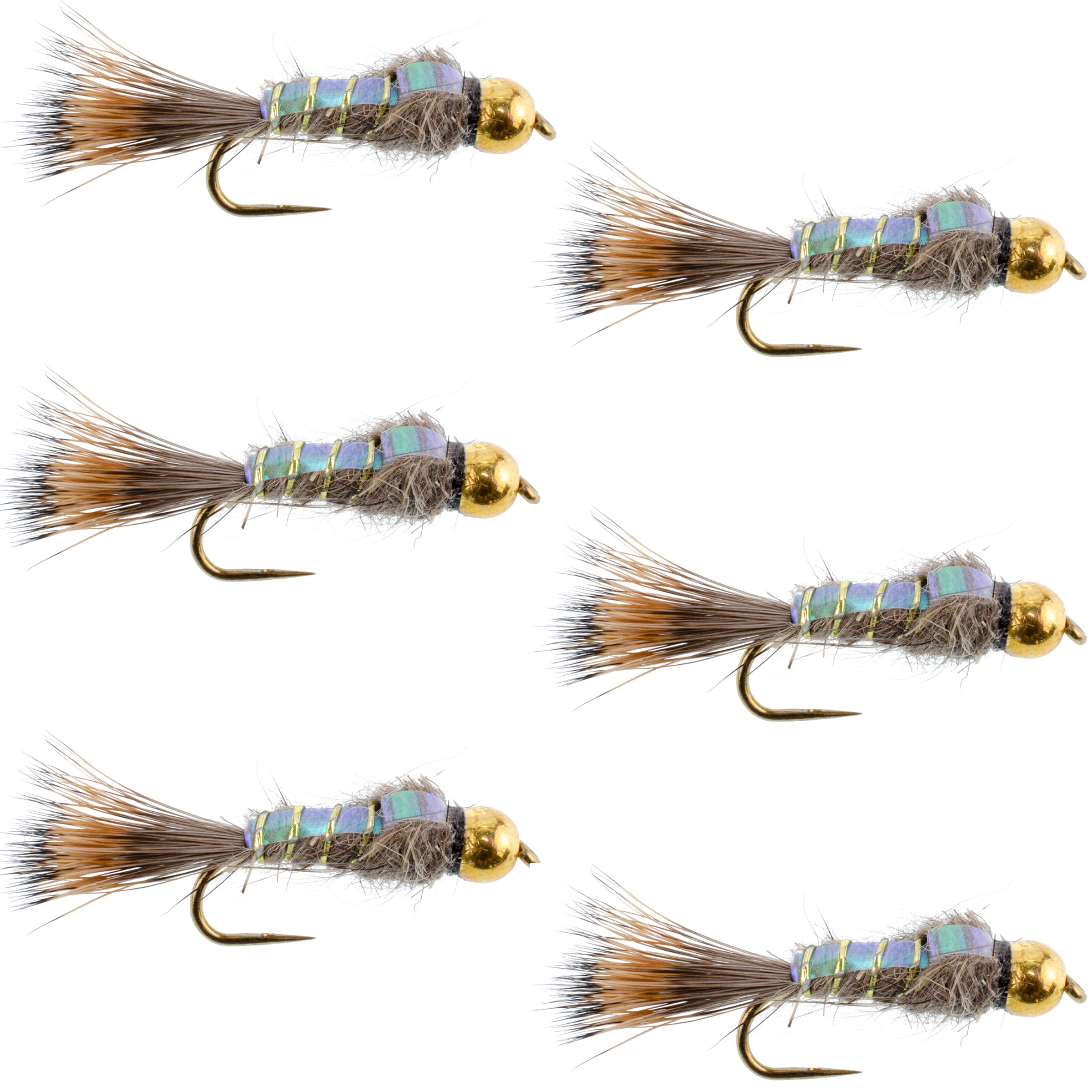 Barbless Bead Head Flash Back Gold Ribbed Hare's Ear Nymph 6 Flies Hook Size 10