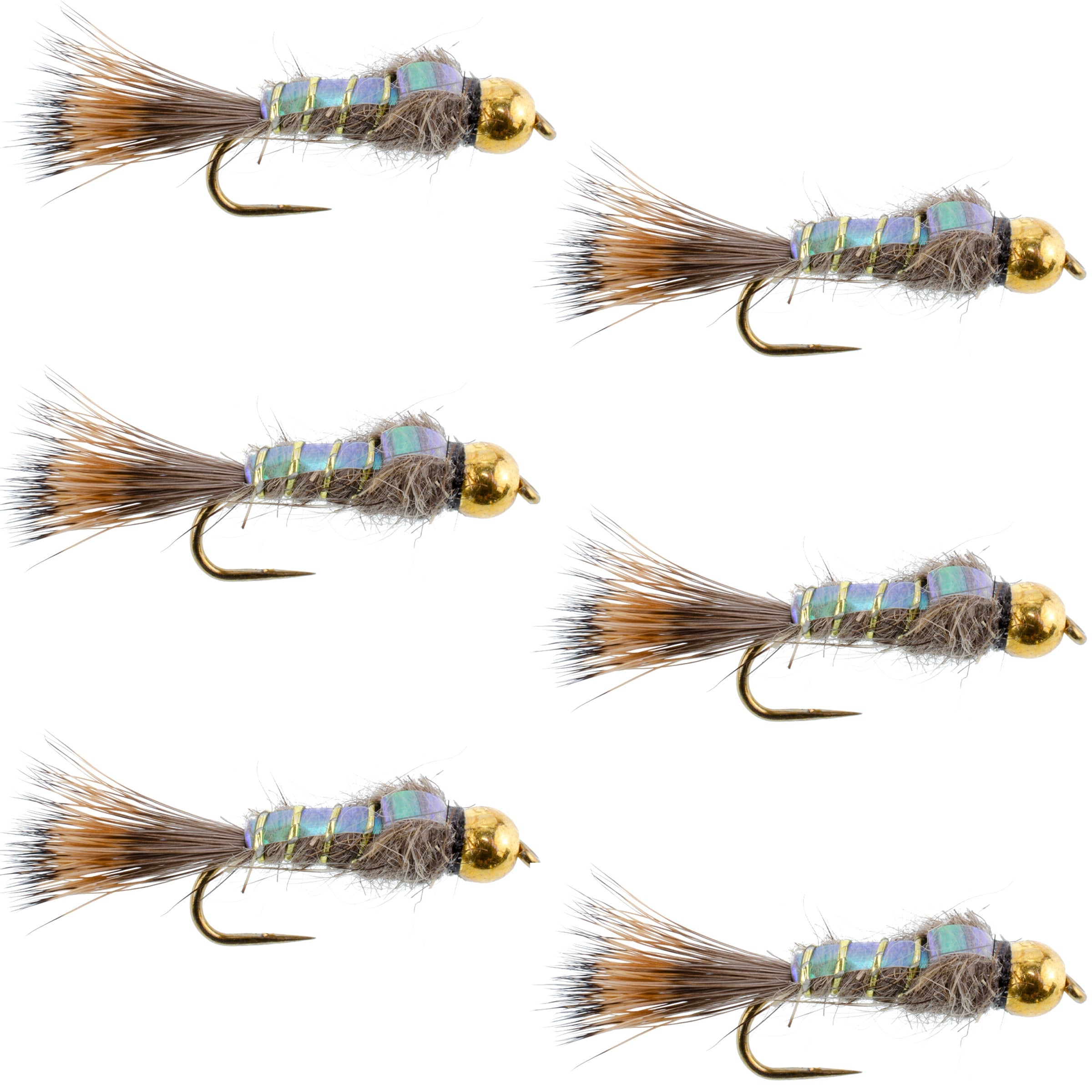 Barbless Bead Head Flash Back Gold Ribbed Hare's Ear Nymph 6 Flies Hook Size 12