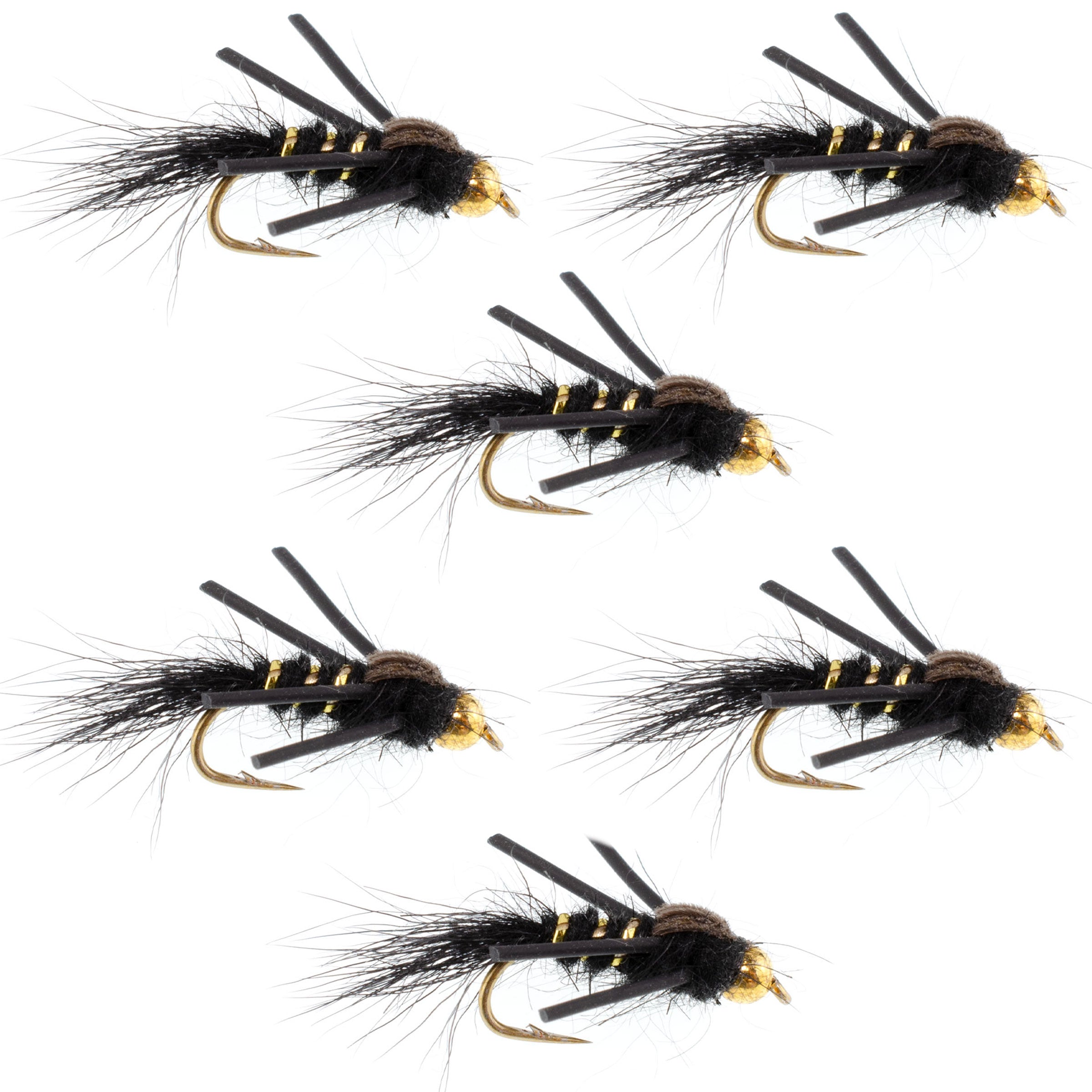 Tungsten Bead Head Rubber Legs Black Gold-Ribbed Hare's Ear Trout Fly Nymph - 6 Flies Hook Size 14