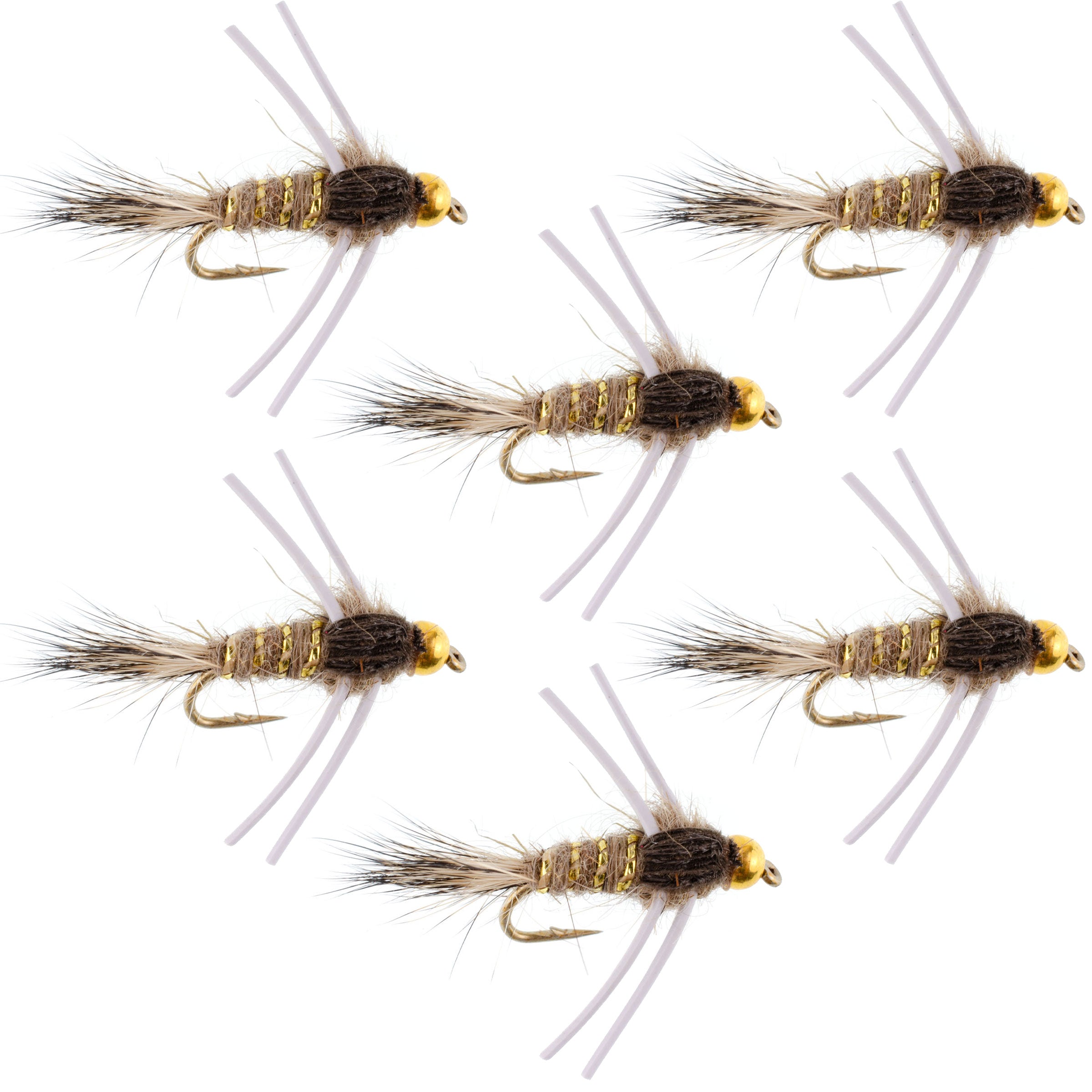 Cabeza de cuentas de tungsteno, patas de goma, oreja de liebre acanalada en oro natural, ninfa de mosca para trucha, 6 moscas, tamaño de anzuelo 16 