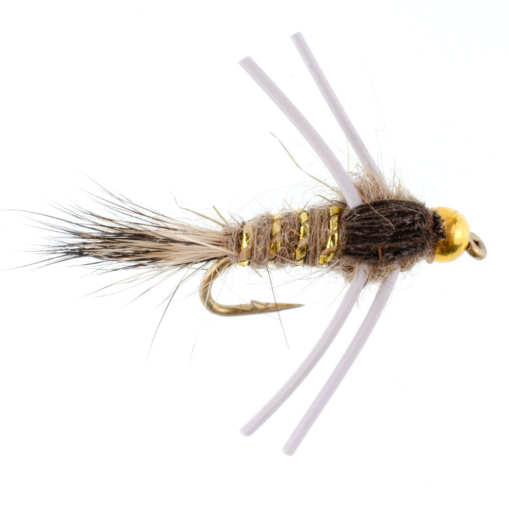 Tungsten Bead Head Rubber Legs Natural Gold-Ribbed Hare's Ear Trout Fly Nymph - 6 Flies Hook Size 14