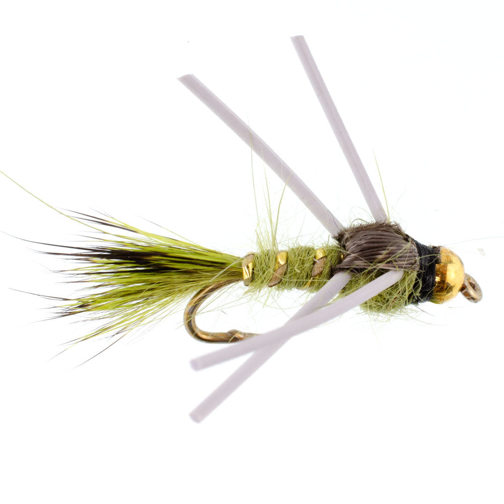 Tungsten Bead Head Rubber Legs Olive Gold-Ribbed Hare's Ear Trout Fly Nymph - 6 Flies Hook Size 16