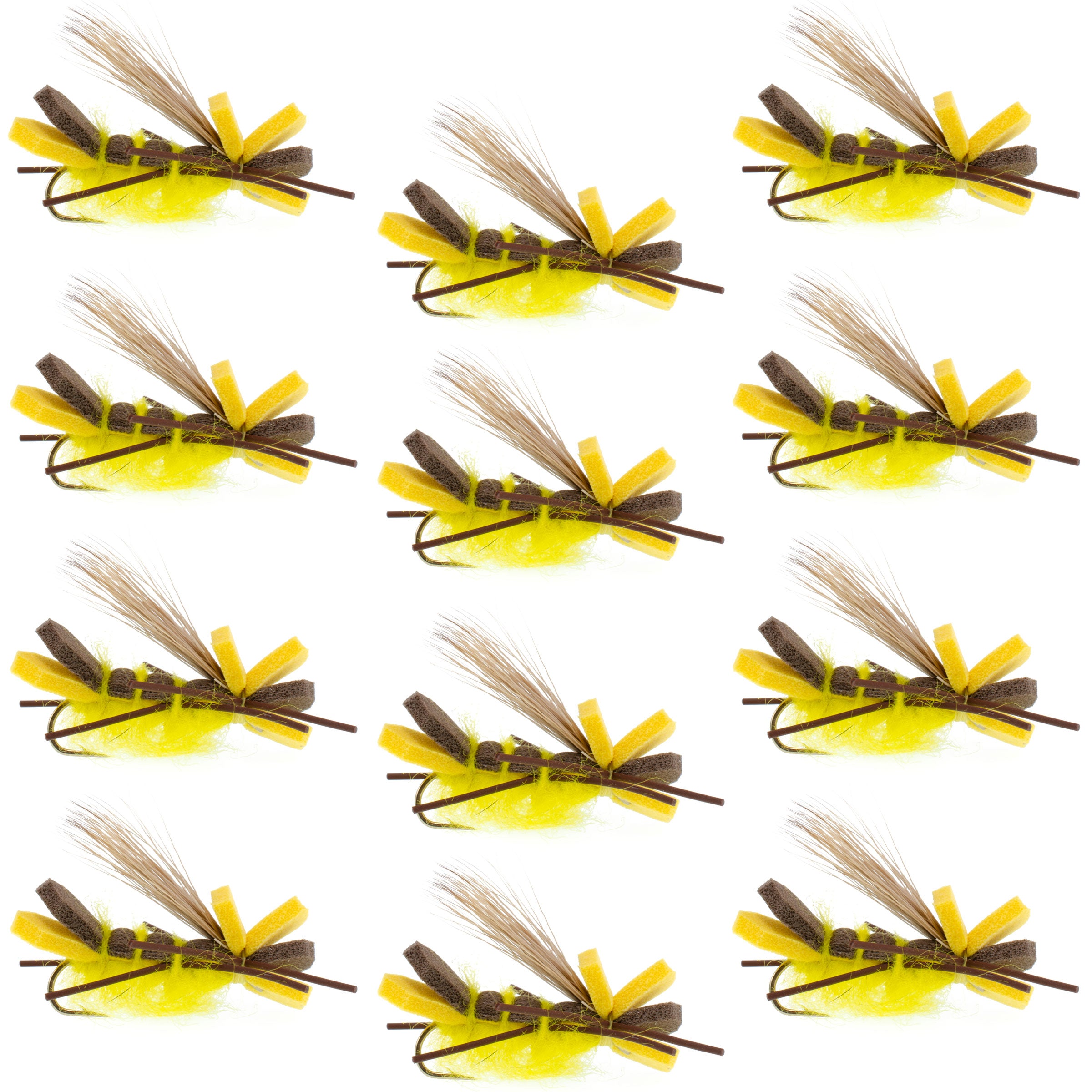 Yellow Godzilla Hopper - Foam Grasshopper or Adult Salmonfly Fly Pattern - 1 Dozen Flies Hook Size 10