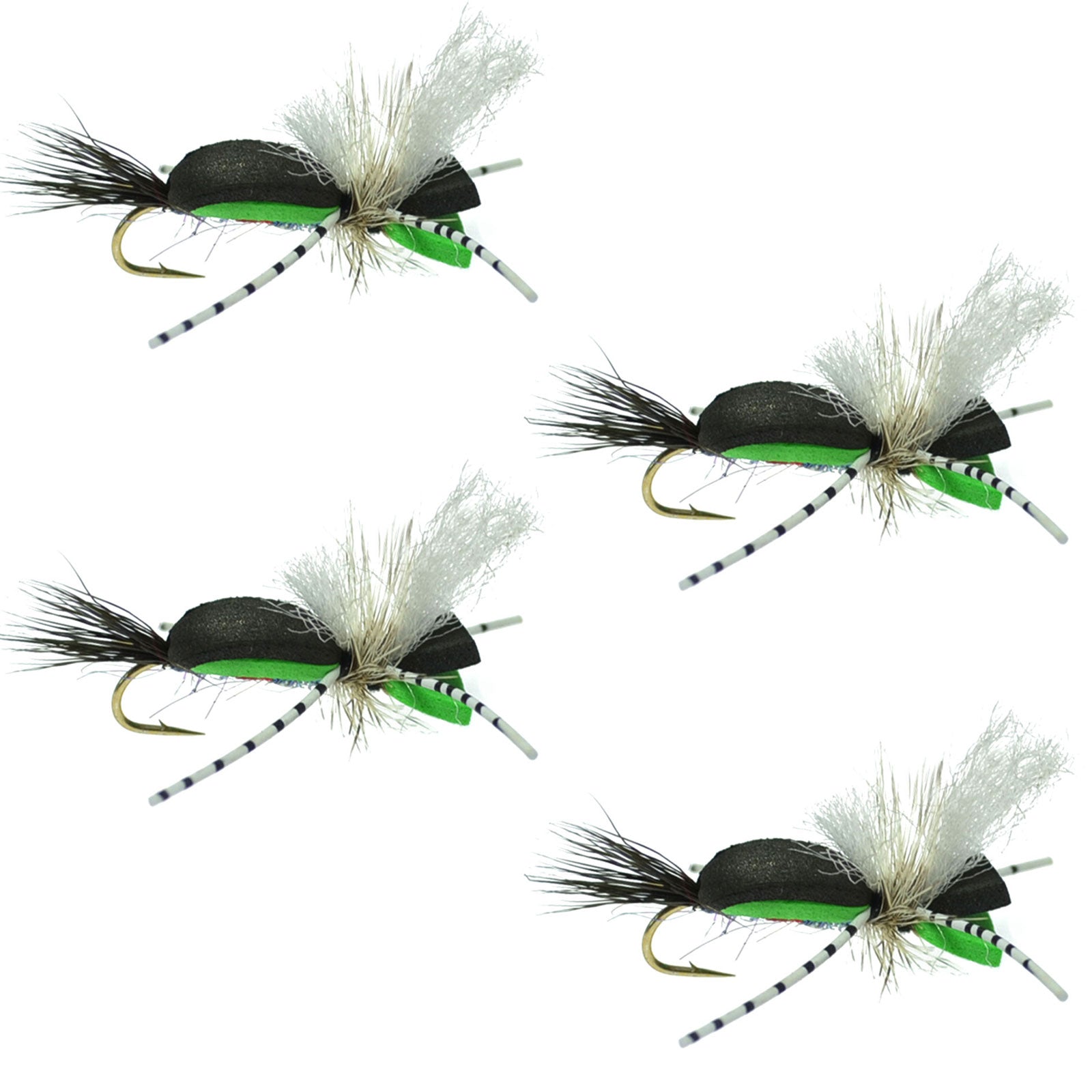 Hippie Stomper Black Green Foam Body Grasshopper Dry Fly - 4 Flies  Size 10