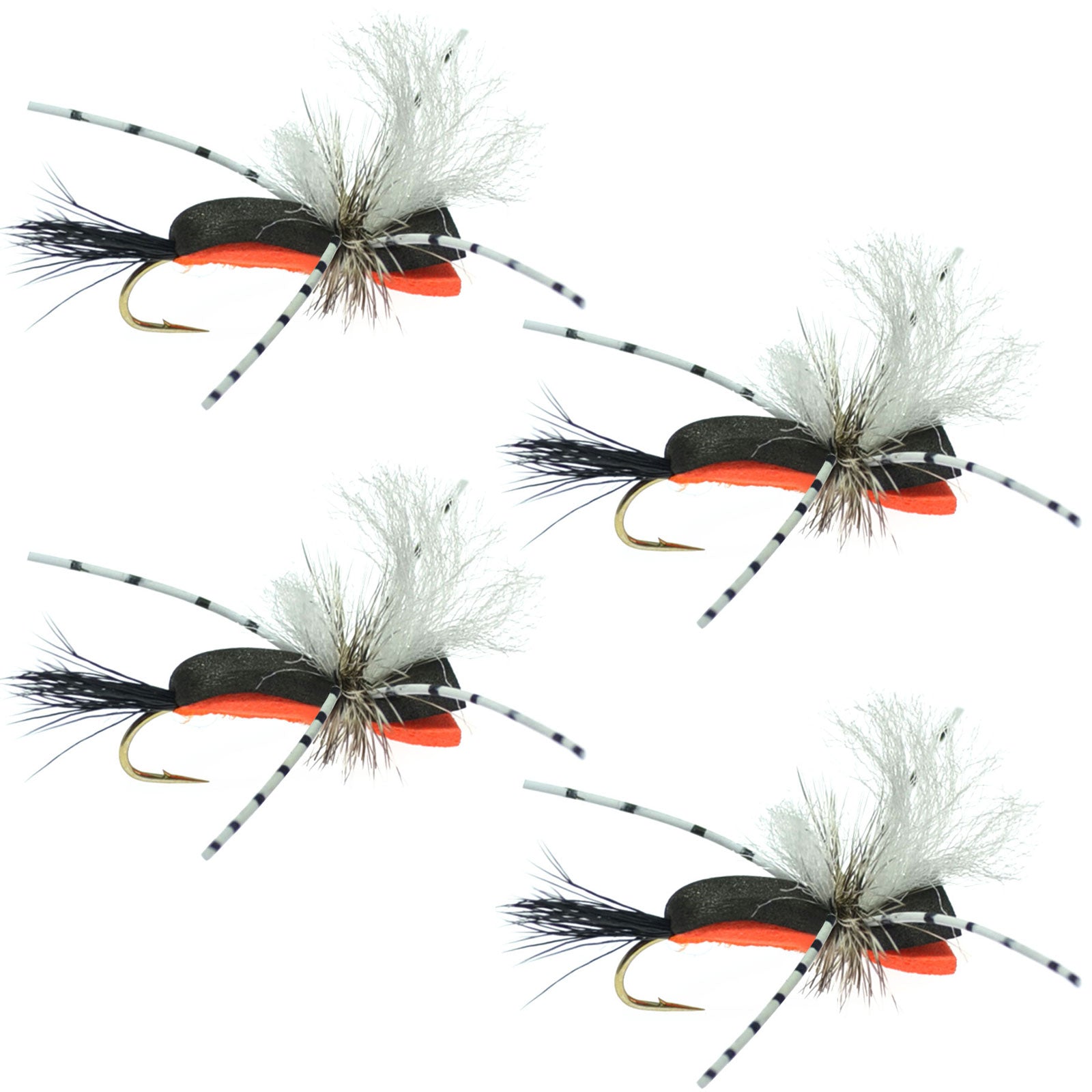 Hippie Stomper Black Orange Foam Body Grasshopper Dry Fly - 4 Flies Size 10